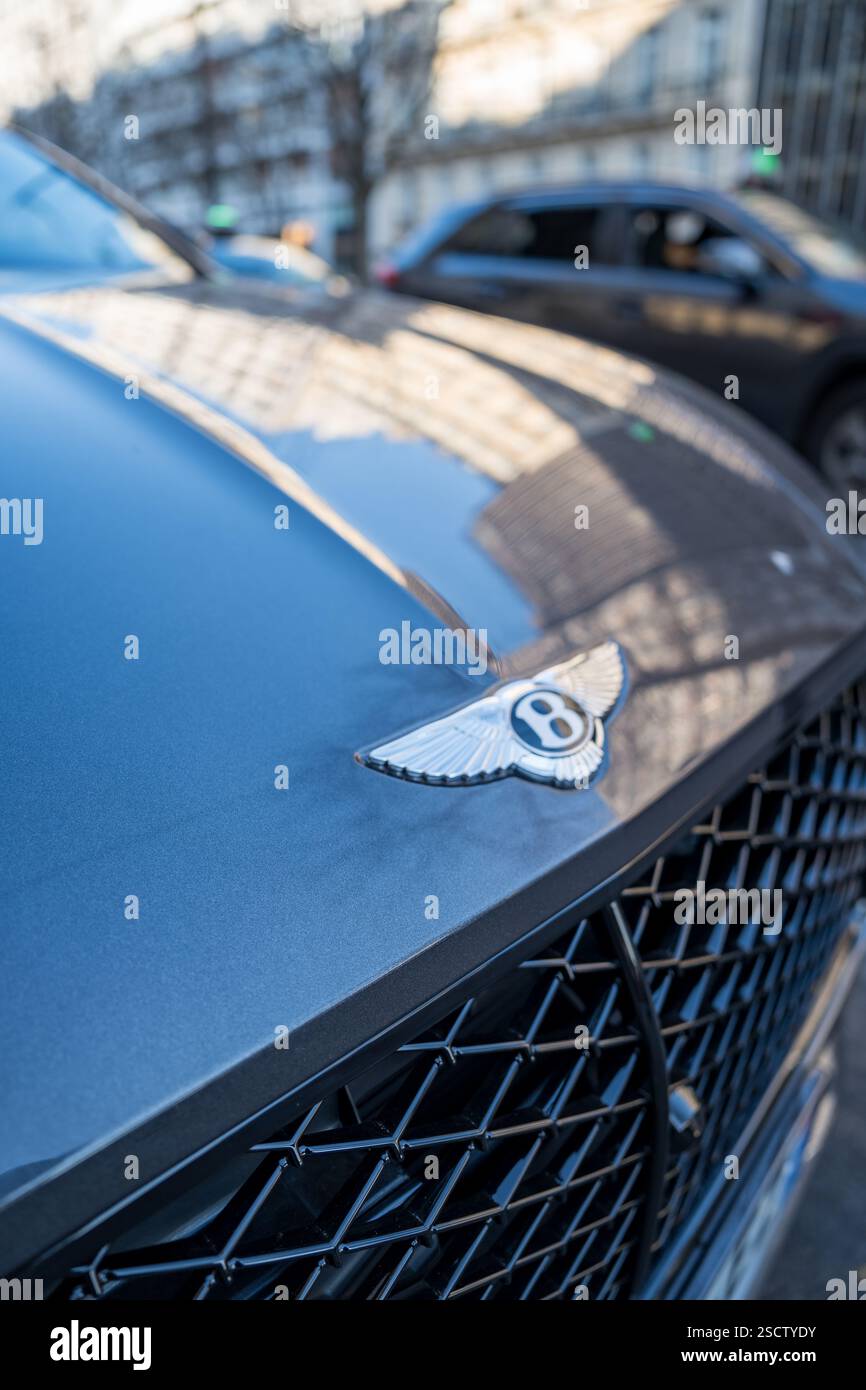 L'emblema di un'auto di lusso risplende sotto le luci della città in un vivace ambiente urbano Foto Stock