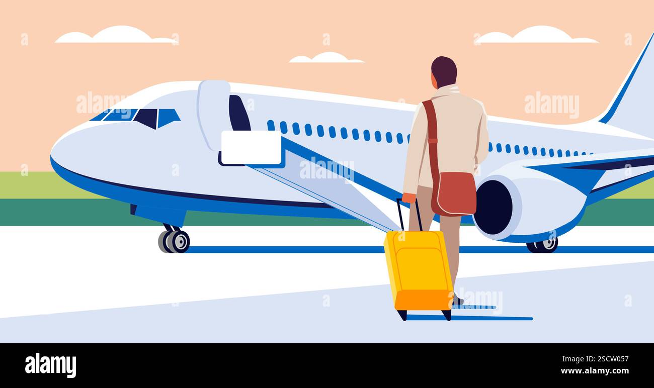 Un uomo con una valigia sale sull'aereo. BEST onboarding practice. Foto Stock