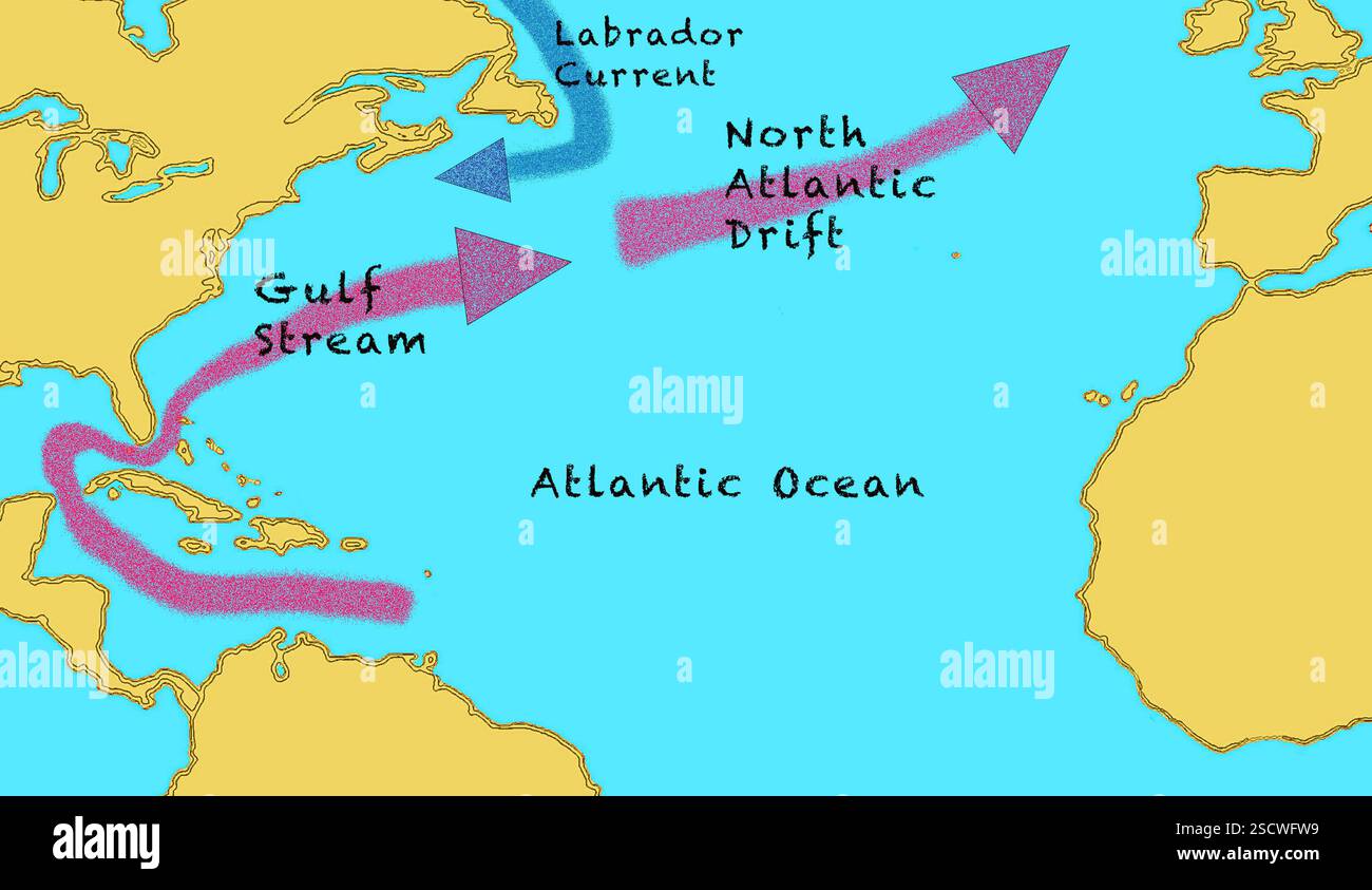 Una mappa della corrente del Golfo, della deriva dell'Atlantico settentrionale e della corrente del Labrador nell'Oceano Atlantico. Foto Stock
