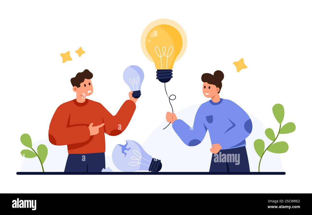 Condivisione di idee creative aziendali, collaborazione aziendale e brainstorming. Piccola donna che regge un palloncino luminoso su un filo da condividere con l'uomo triste con un'illustrazione vettoriale del cartone animato rotto Illustrazione Vettoriale