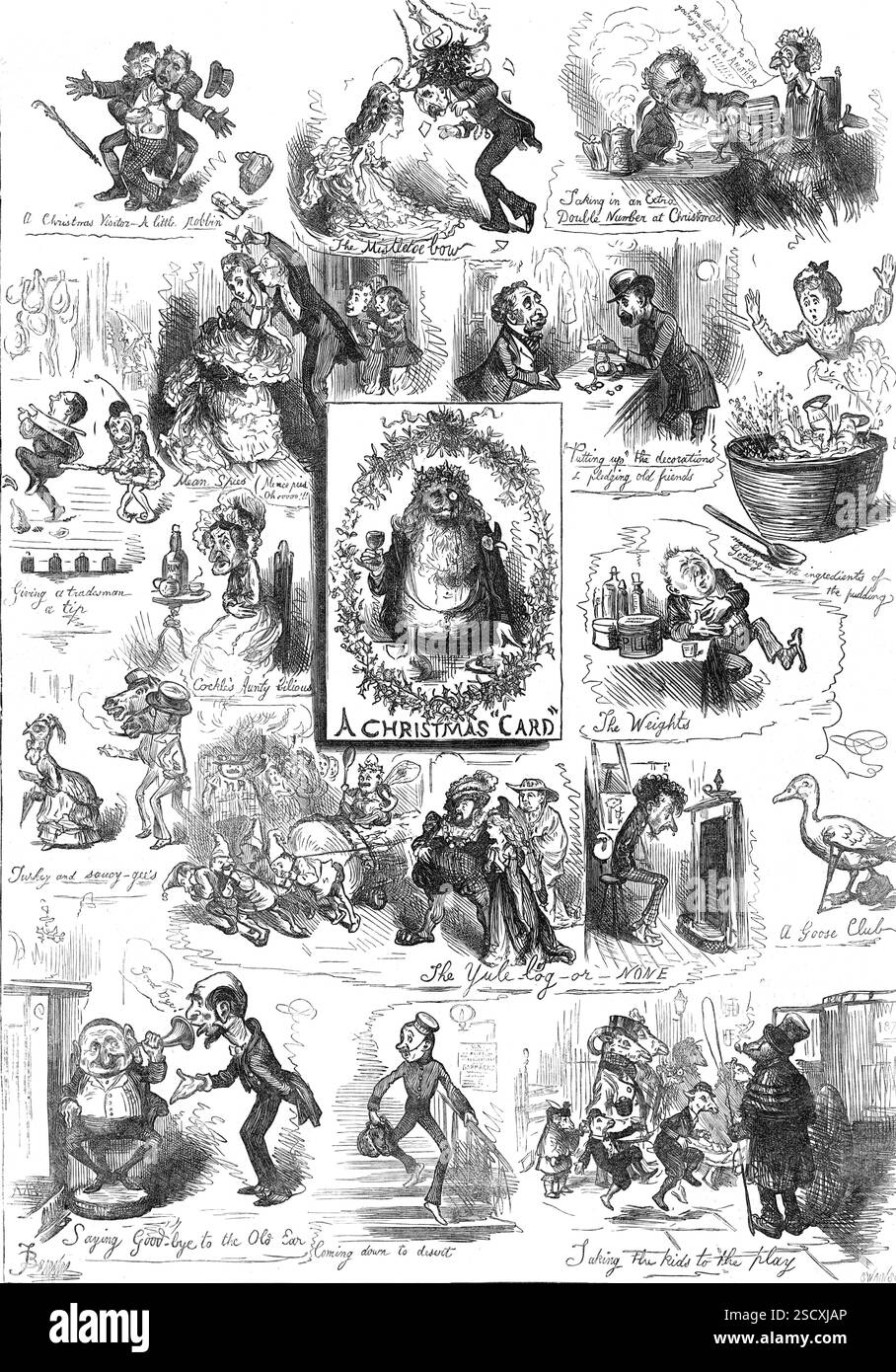 A Christmas Medley, di F. Barnard, 1872. 'Un visitatore di Natale - Un piccolo robbin'; l'arco di Mistletoe; prendere in un Extra - numero doppio a Natale; Mean Spies (mince pied, Oh...!!!!!!!!; "mettere in piedi" le decorazioni e amp; impegnare vecchi amici; ottenere gli ingredienti del budino; dare un Consiglio a un commerciante; Cockle's Aunty Bilious; una "cartolina di Natale"; The Weights; tacchino e salsa-gee; The Yule-log-or None; Un Goose Club; dire addio all'orecchio vecchio; scendere nel deserto; portare i bambini al gioco". Da "Illustrated London News", 1880. Foto Stock
