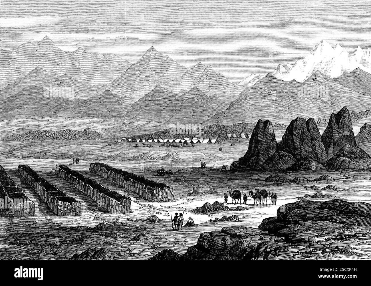 La guerra in Afghanistan: Campo del generale Gough a Gundamuk, 1880. ""eravamo tutti pronti", dice il generale [Frederick Sleigh] Roberts. "Sul lato sud e ovest il nemico non mostrò molta determinazione; ma sull'angolo nord-est delle alture di Behmaroo alcune migliaia di persone si radunarono, e evidentemente contemplarono di assaltare la posizione... non appena l'intenzione del nemico fu pienamente sviluppata, decisi di contrattaccare con la cavalleria e l'artiglieria. Questi emessi dalla gola tra le alture di Behmaroo, e, aprendo il fuoco sul fianco del nemico, li allontanarono rapidamente dal PL Foto Stock