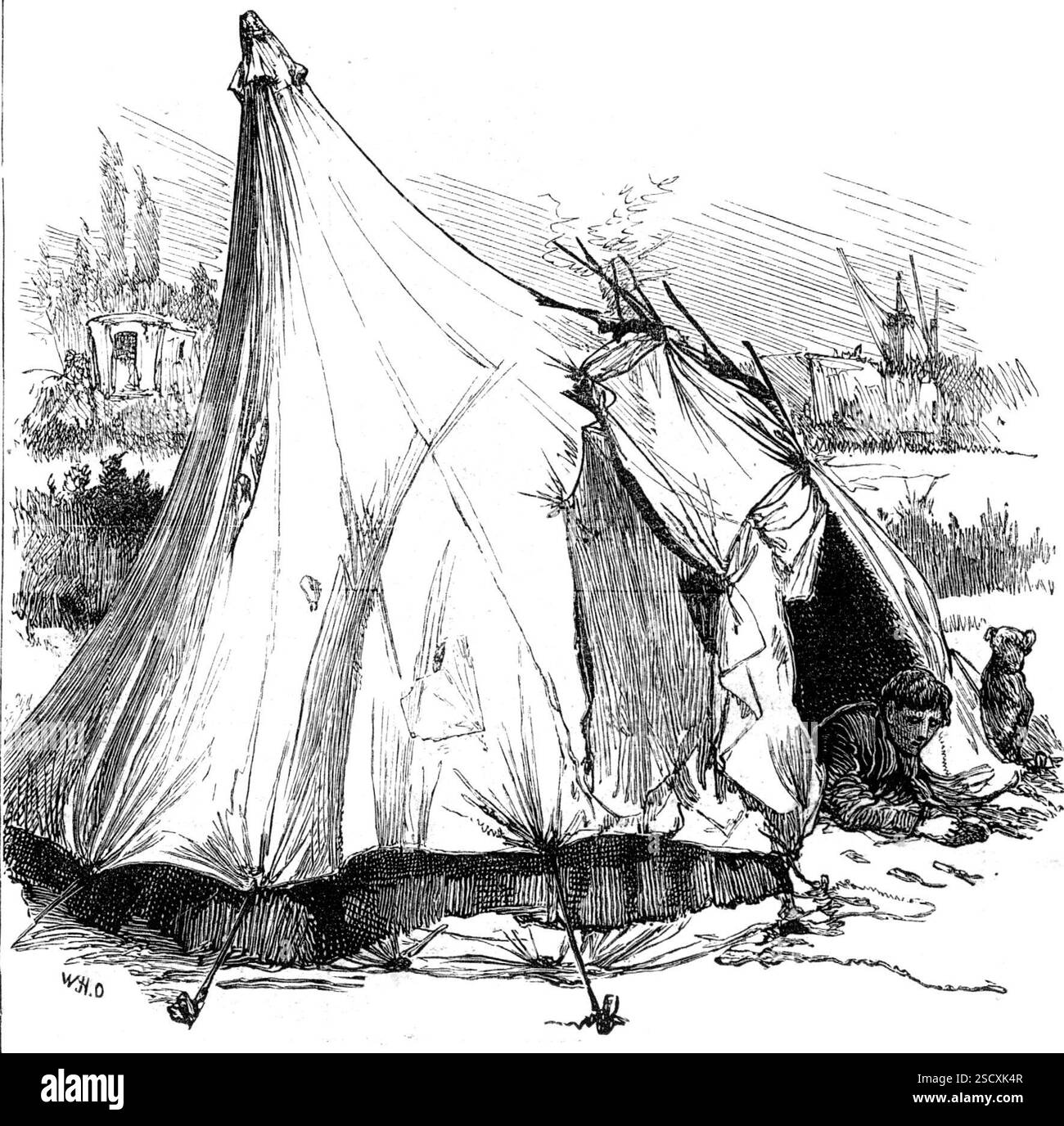 Schizzi di vita zingara intorno a Londra - tenda a Hackney, 1880. Bozza '...designed per mostrare l'aspetto squallido e selvaggio degli insediamenti zingari nei quartieri periferici di Hackney e Hackney-wick, a nord-est di Londra; dove i prati paludosi del fiume Lea, inadatti alla costruzione di terreni, sembrano vietare l'estensione di strade cittadine e blocchi di terrazze in mattoni o stucchi; dove le piacevoli colline boscose di Epping e della foresta di Hainault appaiono in lontananza, invitando il cittadino giurato, durante le vacanze estive, a vagare nel Royal Chace dei vecchi re e regine inglesi; dove genuina ruralit Foto Stock