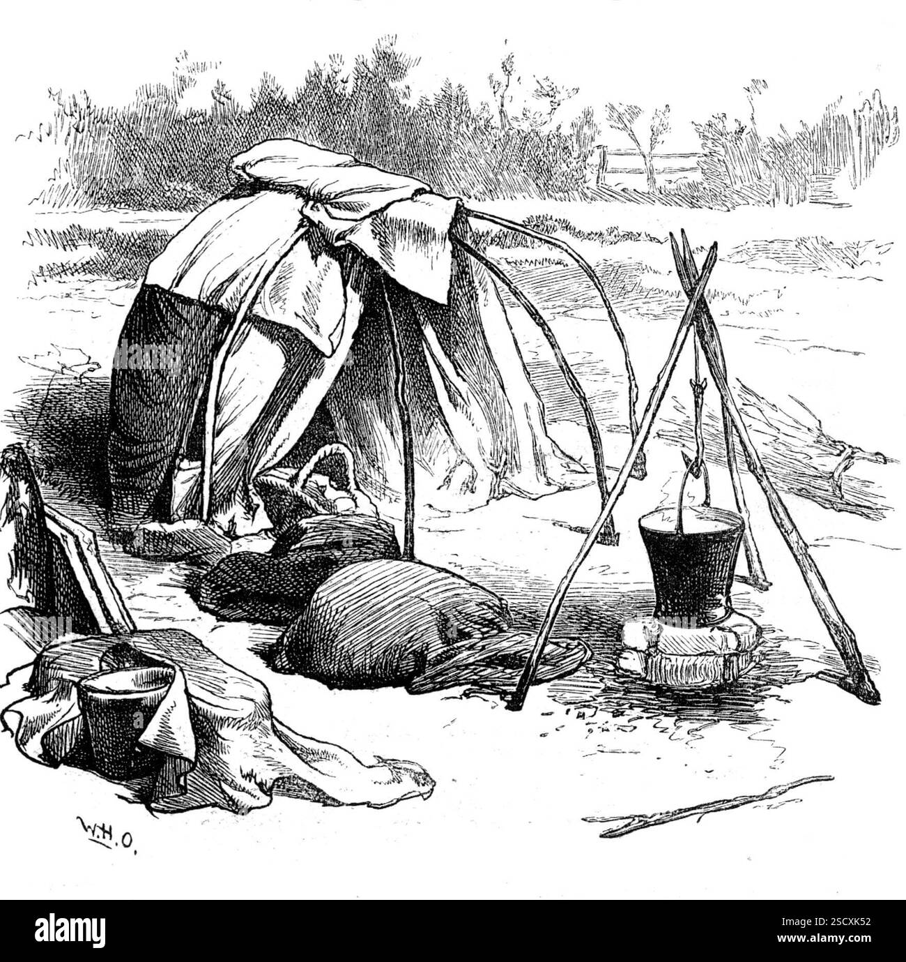 Schizzi di vita zingara intorno a Londra - tenda a Hackney, 1880. Bozza '...designed per mostrare l'aspetto squallido e selvaggio degli insediamenti zingari nei quartieri periferici di Hackney e Hackney-wick, a nord-est di Londra; dove i prati paludosi del fiume Lea, inadatti alla costruzione di terreni, sembrano vietare l'estensione di strade cittadine e blocchi di terrazze in mattoni o stucchi; dove le piacevoli colline boscose di Epping e della foresta di Hainault appaiono in lontananza, invitando il cittadino giurato, durante le vacanze estive, a vagare nel Royal Chace dei vecchi re e regine inglesi; dove genuina ruralit Foto Stock