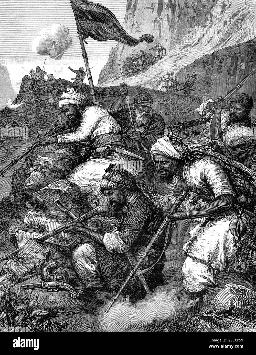 La guerra in Afghanistan: Un sungha afghano, o fossa per fucili, 1880. Incisione di uno sketch di 'Mr. W. Simpson, il nostro artista speciale..."gli afghani hanno l'abitudine, in quasi tutte le loro operazioni di combattimento, che lo permetteranno, di fare quello che chiamano sunghas. Cioè, una specie di fossa per fucili, fatta di pietra. "Cantata" è una parola persiana, che significa "pietra", e da qui il nome. Quando leggiamo nei telegrammi che il generale Gough è stato attaccato a Jugdulluk, e che gli afghani hanno sparato nel suo campo, possiamo essere sicuri che abbiano fatto i sunghas, e che sia da dietro a questi primitivi tipi Foto Stock