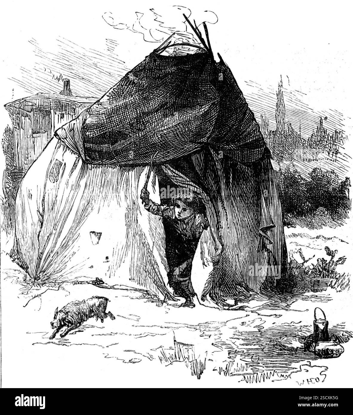 Schizzi di vita zingara intorno a Londra - tenda a Hackney, 1880. Bozza '...designed per mostrare l'aspetto squallido e selvaggio degli insediamenti zingari nei quartieri periferici di Hackney e Hackney-wick, a nord-est di Londra; dove i prati paludosi del fiume Lea, inadatti alla costruzione di terreni, sembrano vietare l'estensione di strade cittadine e blocchi di terrazze in mattoni o stucchi; dove le piacevoli colline boscose di Epping e della foresta di Hainault appaiono in lontananza, invitando il cittadino giurato, durante le vacanze estive, a vagare nel Royal Chace dei vecchi re e regine inglesi; dove genuina ruralit Foto Stock