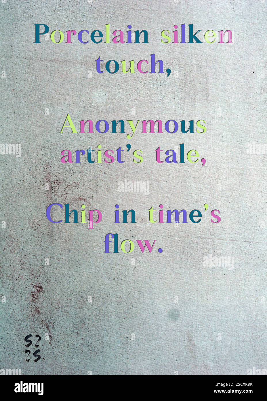 Tocco di seta porcellana, racconto dell'artista anonimo, Chip in Time's Flow. Aydın Yuksel's Silver Writers' Guild. Arte di Zsuzsa Szikra. Poetry Art Print, Triplumes è una forma poetica unica ispirata al tradizionale haiku, composta da tre righe che catturano momenti di chiarezza, emozione e approfondimento. Nella nostra collezione abbracciamo la libertà del linguaggio, dove la fusione delle parole e la rimozione dei trattini è più di una scelta stilistica: È un modo per trasmettere unità e vicinanza tra le idee, creando un'espressione fluida e compatta che risuona con i ritmi della vita moderna. Foto Stock