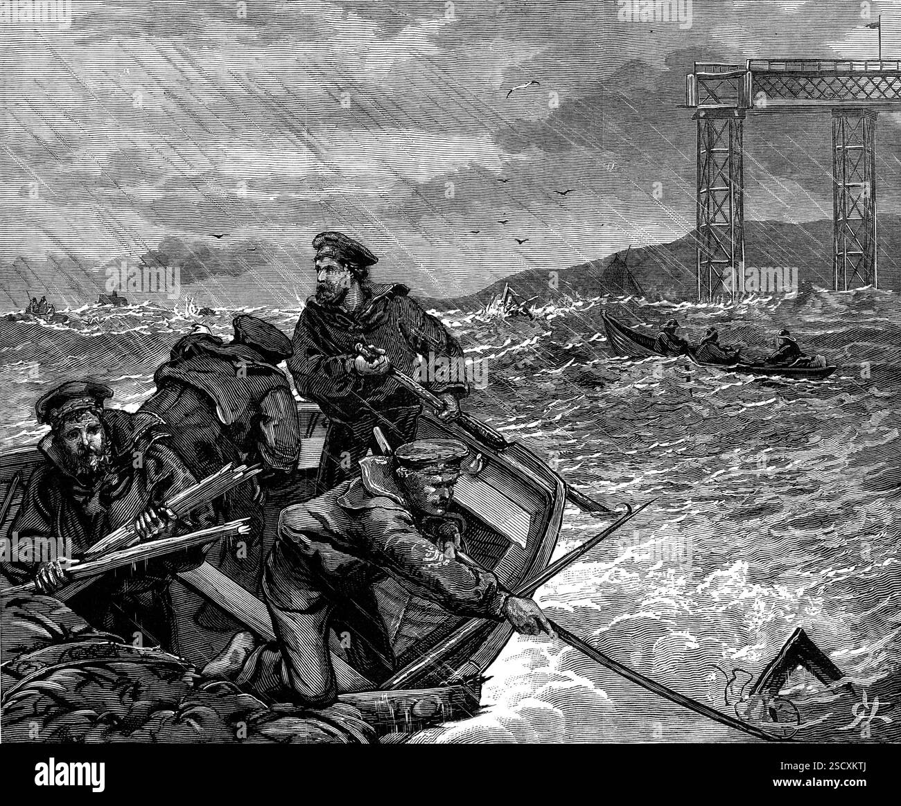 Il disastro del Tay Bridge: Barche che assistono nella ricerca, 1880. "Il relitto sollevato è costituito principalmente da assi e travi provenienti dalla via permanente della ferrovia, o dal pavimento del ponte, e anche questi, fitti blocchi di legno sono molto frammentati. Eppure alcune cose come una lampada, un scaldapiedi, un pezzo di cieco per finestre o un pannello, un soprabito, un ombrello, una pantofola, o un fazzoletto, sono usciti dal relitto. Da sabato scorso, un certo numero di pescherecci locali, così come una dozzina di balene, completamente equipaggiate e dotate di grappoli e corde, sono stati occupati nella pesca a strascico sul fondo Foto Stock