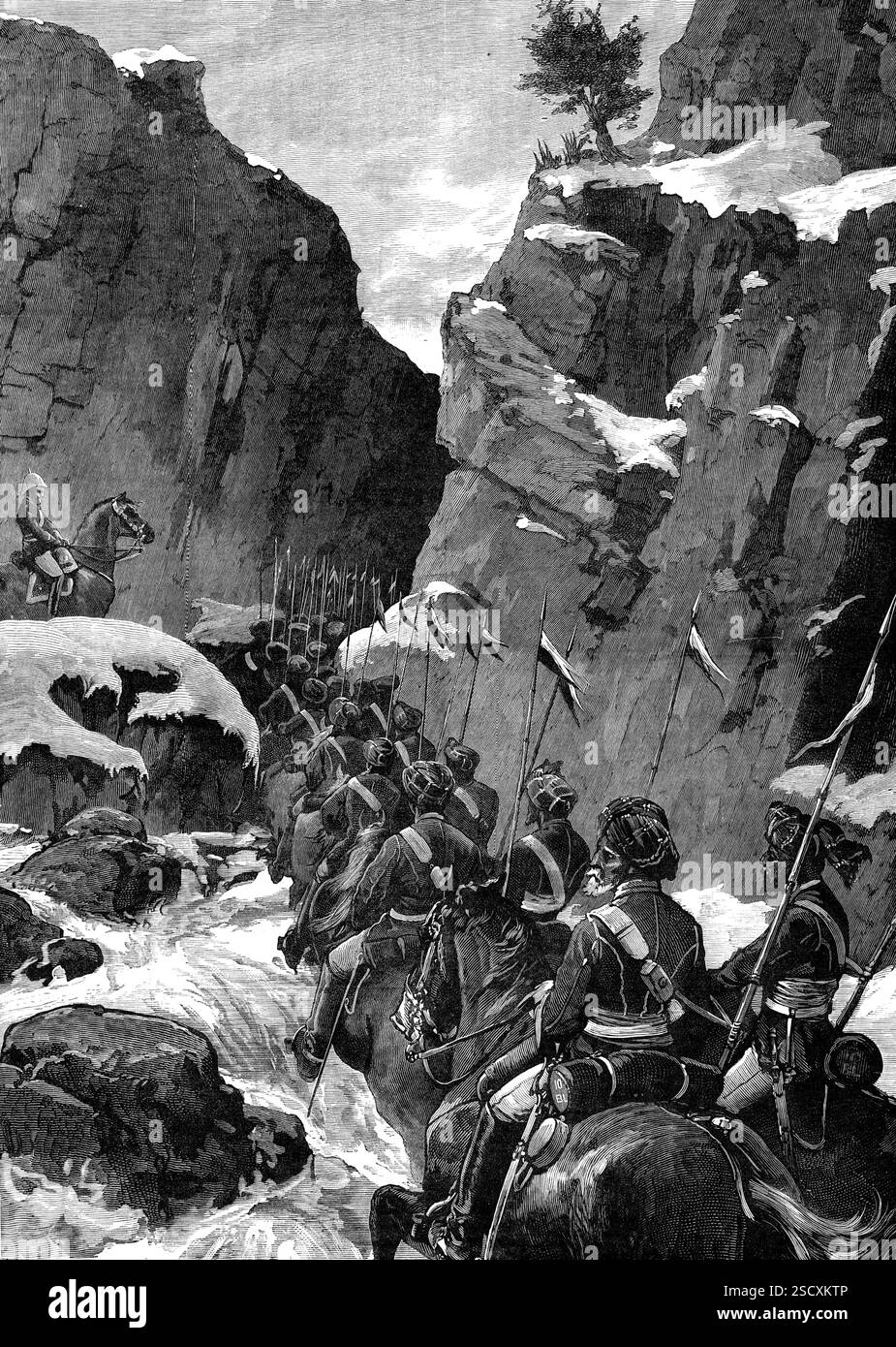 La guerra afghana: I 10° Lancieri del Bengala nel passo Jugdulluk, 1880. L'esercito britannico in Afghanistan. Veduta di uno '...dei passi di montagna, attraverso i quali le truppe inviate per rinforzare il generale Roberts hanno dovuto avanzare da Gundamuk alla pianura di Cabul. Uno è il passo Jugdulluk... la rotta Jugdulluk fu presa dalla colonna che partì da Gundamuk, o Safed Sung, il 3 novembre, composta da due cannoni della Royal Artillery, la batteria di montagna Hazara, il secondo battaglione del 9° Reggimento di fanteria, cento dei Lancieri del 10° Bengala, duecento delle Guide Punjaub, 500 del 24° Pu Foto Stock