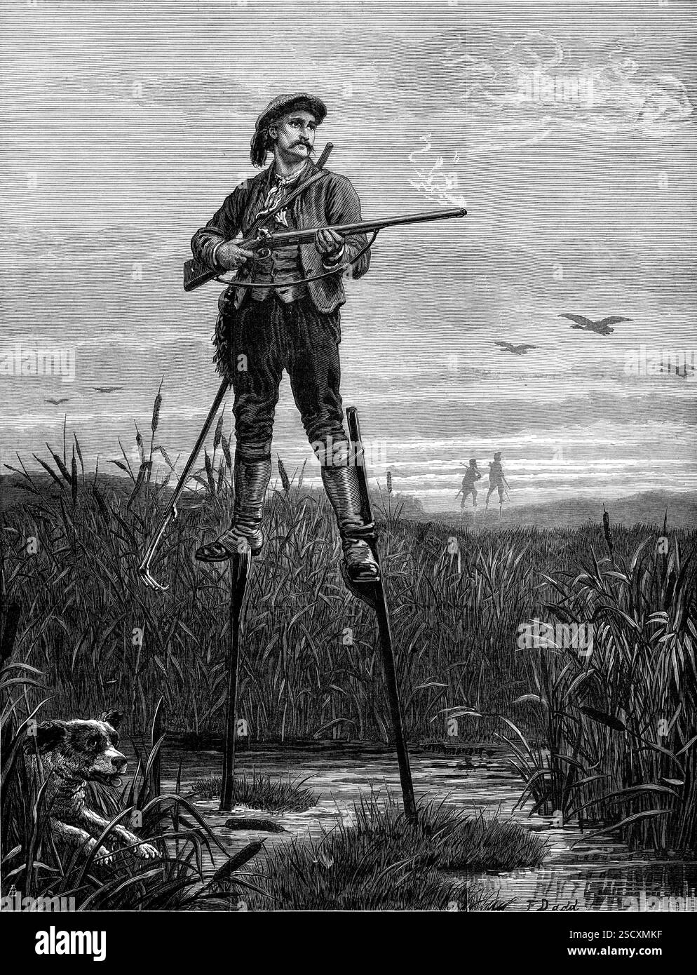 Sportivo delle Landes (Francia), 1880. '...gran parte delle Lande è stata recuperata con profitto per la coltivazione e per la sistemazione utile;...intorno ai laghi di Cazau, Biscarrosse e Aureilhan...lo sportivo troverà un'abbondanza di selvaggina, anatre selvatiche e cecchini, nonché lepri e conigli...i rustici abitanti delle Lande... sono notoriamente abituati a camminare su palafitte, il che significa che sono abilitati ad attraversare paludi e paludi, o torrenti, o torrenti, e per avere una vista estesa, dal loro terreno sopraelevato, sopra la pianura pianeggiante dove passano il loro lo Foto Stock