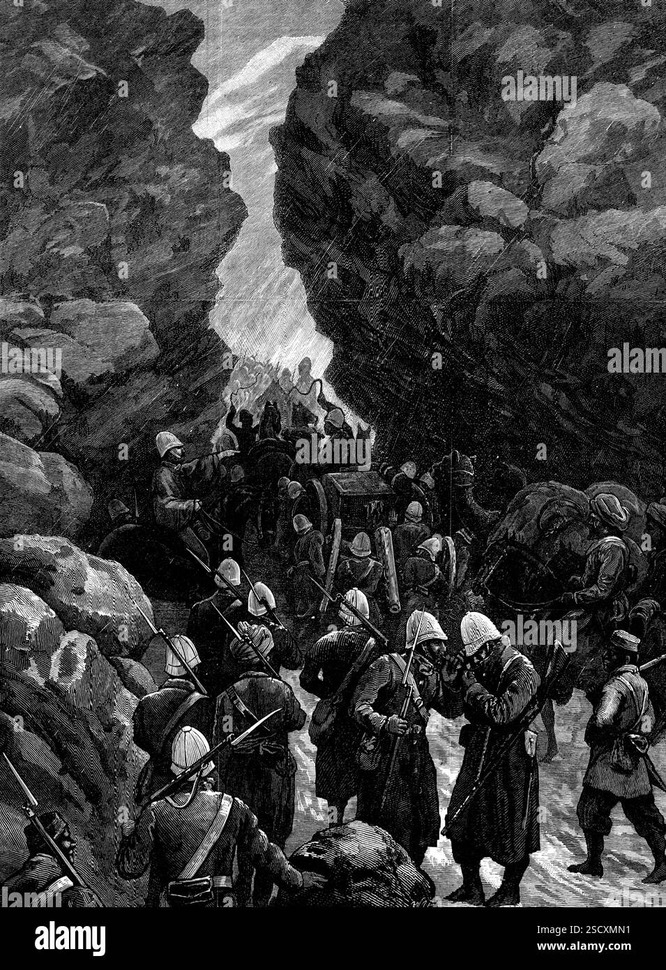 La guerra afghana: Un blocco nel passo Jugdulluk, 1880. "Le nostre illustrazioni dei movimenti militari che stanno procedendo per rafforzare le forze britanniche nell'occupazione di Cabul sono state per lo più prese da scene del passo Jugdulluk...la forza,...commanded del generale di brigata Charles Gough, che partirono da Gundamuk il 14 dicembre [1879], per rinforzare il generale Sir Frederick Roberts a Cabul, dovette prendere la strada Jugdulluk, come l'altro era, per il tempo, ostacolato da tribù ostili...il 17 un partito composto da cento del 9, cento del 4° Goorkha e una truppa di Foto Stock