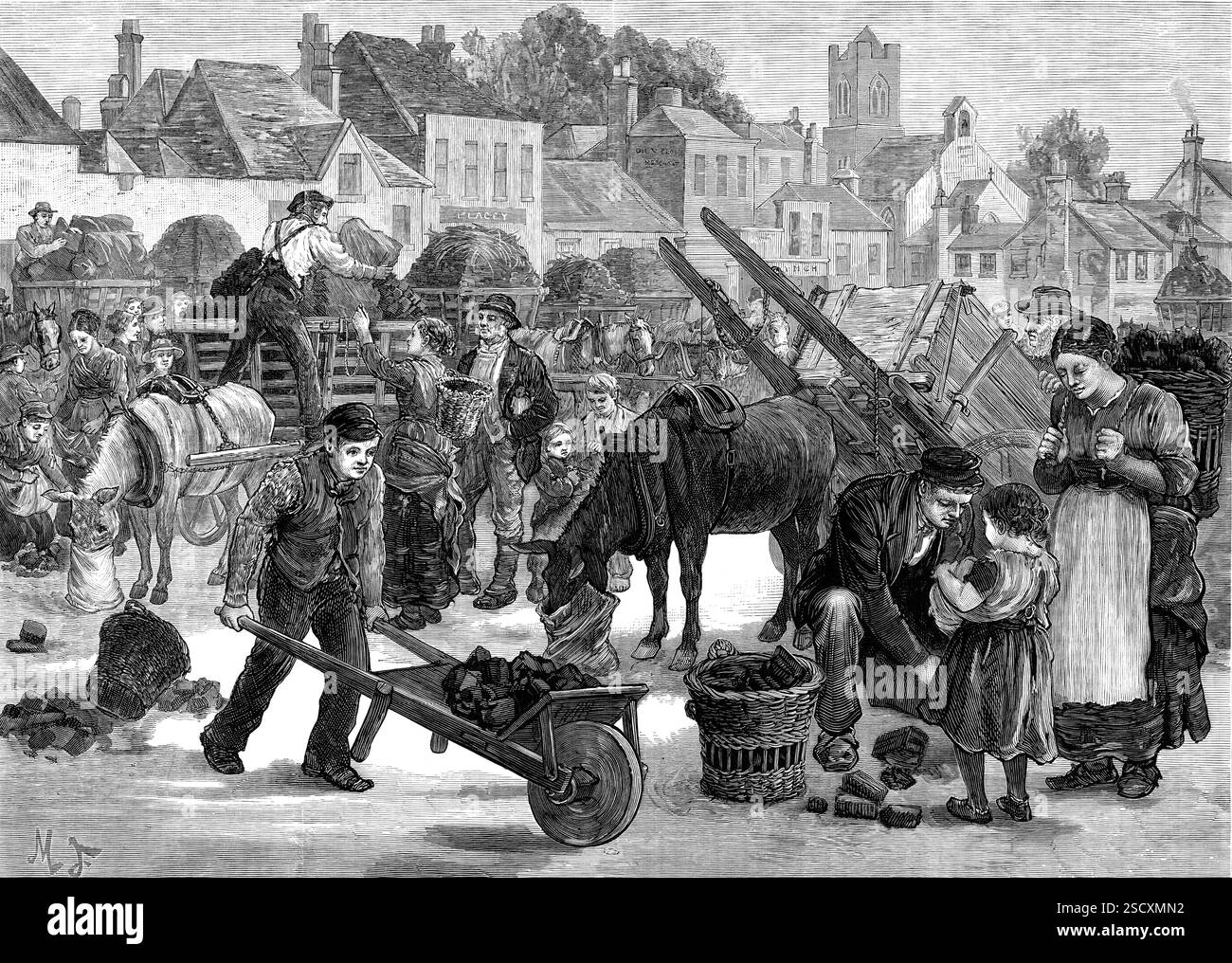 Bozzetti irlandesi: Mercato della torba [o torba] nel sud dell’Irlanda, 1880. "La deplorevole condizione di un gran numero di contadini, piccoli inquilini di terra e di cottieri, nelle parti occidentali dell'Irlanda, continua a essere una questione di grave ansia da parte dell'opinione pubblica. Dal Connemara e dalle rive della Baia di Galway, da quelle di Mayo, Sligo e Donegal, attraverso i distretti agricoli più poveri nelle situazioni desolate e aride non lontano dall'Atlantico, c'è un vero e proprio disagio tra questa classe di persone indifese..."la ragione principale", dice un testimone molto competente, "della sofferenza che è Foto Stock