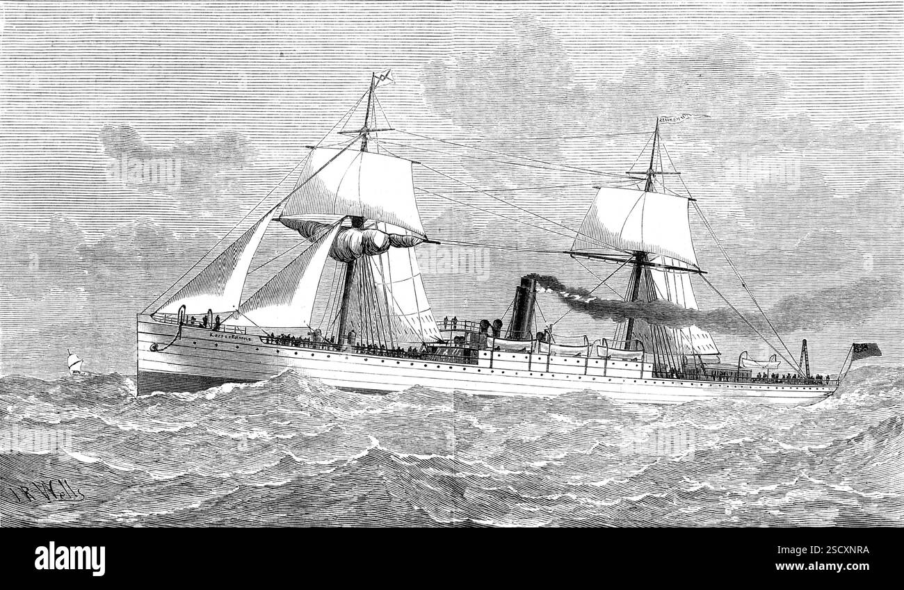 La nave a vapore Kinfauns Castle, costruita in acciaio, 1880. "Questa nuova nave a vapore, che ha salpato dal South West India Docks per il Capo di buona speranza, come una delle Colonial mail Line dei signori Donald Currie and Co., è il primo piroscafo per posta oceanica regolare costruito in acciaio... è il primo esempio completo di applicazione della costruzione in acciaio alle grandi mail-boat oceaniche, un percorso in cui la società Cunard deve ora seguire. Il castello di Kinfauns...[e la sua nave sorella Grantully Castle sono] più grandi di 500 a 600 tonnellate di qualsiasi altro piroscafo impegnato nel servizio postale del Capo. Sono tutti carr Foto Stock