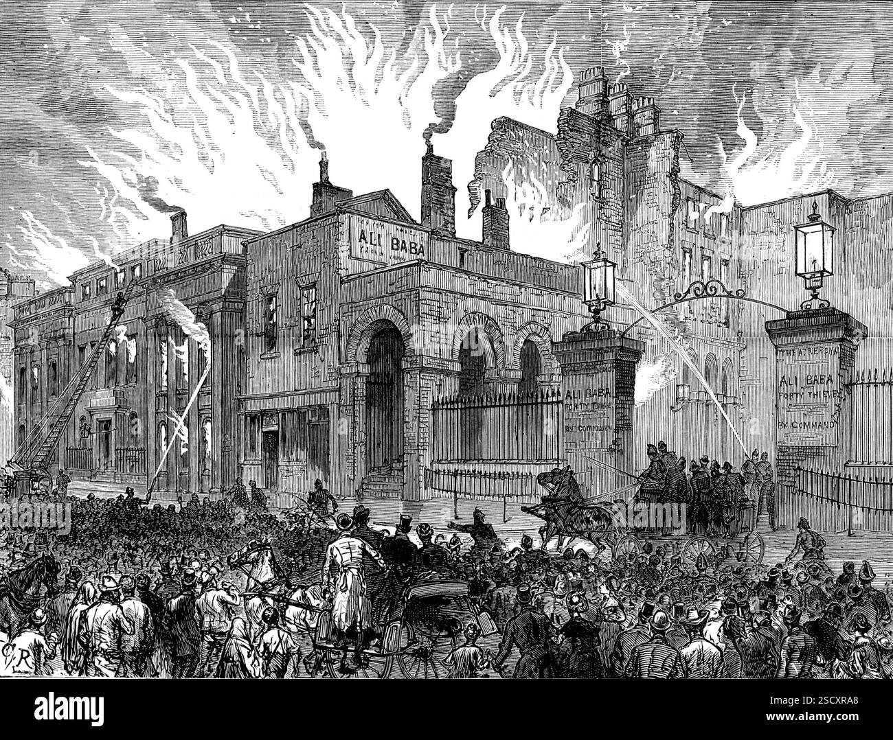 Burning of the Dublin Theatre, 1880. La distruzione del Theatre Royal di Dublino per incendio, lunedì 9 febbraio, con la morte del signor Egerton, il direttore di scena, è stata menzionata nel nostro ultimo. Era presto nel pomeriggio, ma la casa era illuminata per una performance, alle due, della pantomima di "Ali Baba", in aiuto del fondo della Duchessa di Marlborough per alleviare le sofferenze irlandesi... sono state le tende della scatola del Viceregal a prendere fuoco, mentre i ragazzi stavano accendendo il gas Egerton salì nella scatola per spegnere il fuoco e, mentre era così impegnato, tu sei tu Foto Stock