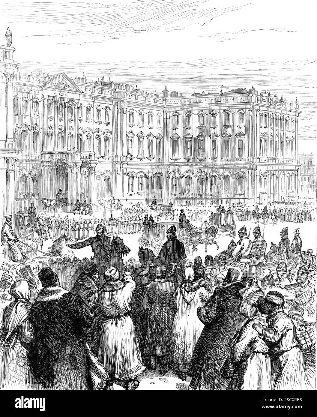 L'attentato alla vita dello zar: La porta Soltykoff del Palazzo d'Inverno, all'interno della quale si verificò l'esplosione, 1880. "La cospirazione assassina dei Nihilisti russi contro la vita dell'imperatore Alessandro II, a causa dell'esplosione di una carica di dinamite sotto il salone del Palazzo d'Inverno a San Pietroburgo, continua ad essere un soggetto di interesse doloroso...si ritiene che...la dinamite sia stata collocata nella o sulla stufa della stanza nel seminterrato...il generale Todleben calcola che sono stati utilizzati 144 libbre e che altri 10 libbre avrebbero distrutto la sala da pranzo... l'effetto di più Foto Stock