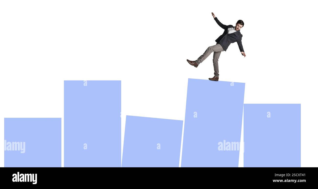 Mercato azionario, pericolo o uomo su grafico per equilibrio, fluttuazione degli investimenti o tasso di interesse. Crisi finanziaria, sfondo bianco o trader spaventato Foto Stock