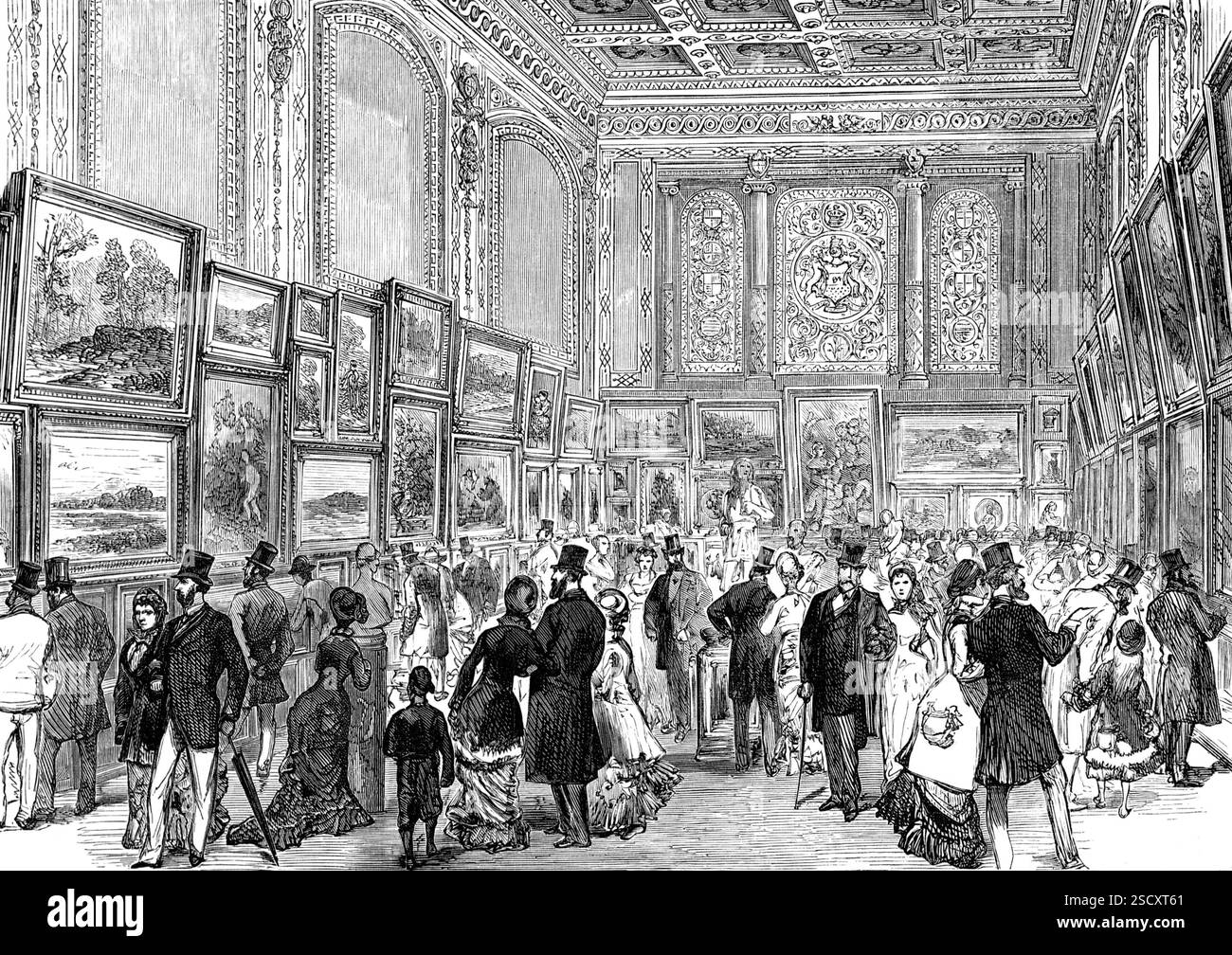 Mostra della City of London Society of Artists in Skinners' Hall, Cannon-Street, 1880. '...un movimento è stato messo a lungo a piedi per "lo scopo di tenere mostre periodiche di opere d'arte e promuovere l'educazione tecnica dell'arte nella City di Londra". Un certo numero di artisti si sono formati in una società, e la mostra inaugurale delle loro opere e quelle di collaboratori esterni è stata aperta dal sindaco Truscott... abbiamo dato un'illustrazione della cerimonia di apertura. La riuscita realizzazione del progetto finora è in gran parte dovuta all'energia del signor ed Foto Stock