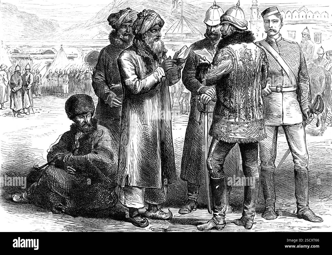 The Afghan War: A sketch in the General F. Roberts's head-quarters, Sherpore Cantonments, 1880. L'esercito britannico in Afghanistan. L'illustrazione mostra '...il Malik o capo del Bhutkak, Timour Kooli Khan, alla porta del quartier generale del generale Roberts nel cantone di Sherpore, nell'atto di presentare lettere all'ufficiale che lo incontra lì. Questo capo del Bhutkak è in possesso di una lettera datagli dal generale Pollock nel 1842, di cui è molto orgoglioso”. Da "Illustrated London News", 1880. Foto Stock