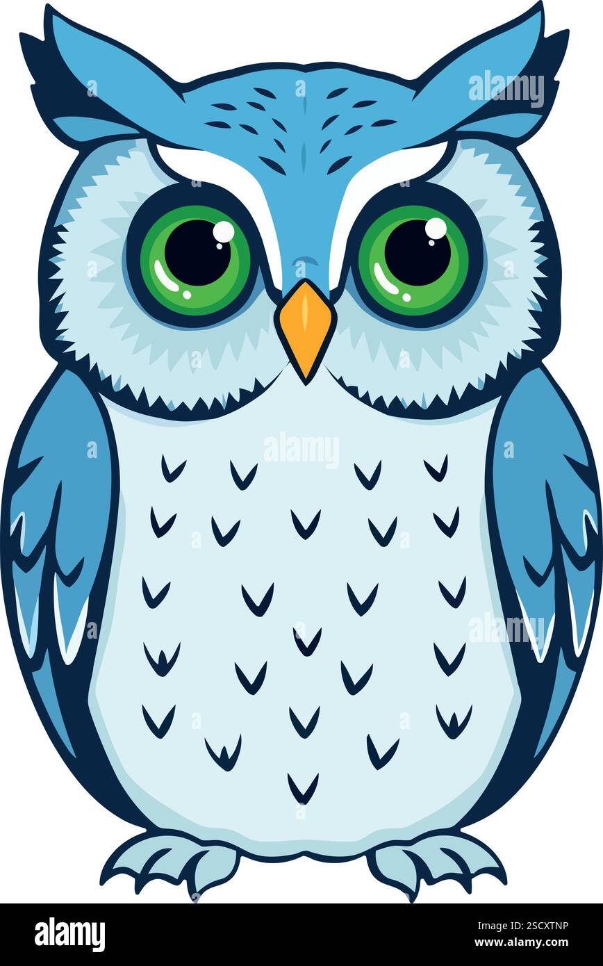 Illustrazione vettoriale di un affascinante gufo blu con occhi verdi isolati su sfondo bianco. È completamente modificabile, facile da usare e ben organizzato Illustrazione Vettoriale
