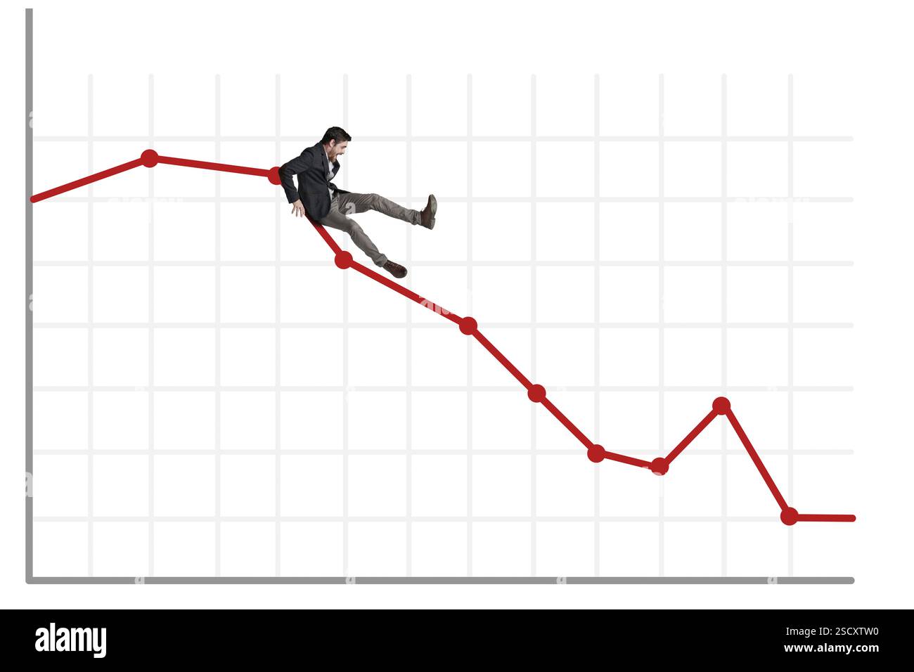 Business, finanza e uomo cadono sul grafico a barre per il declino del mercato azionario, il crollo economico e i cattivi investimenti. Spazio, crisi finanziaria e trader spaventato Foto Stock