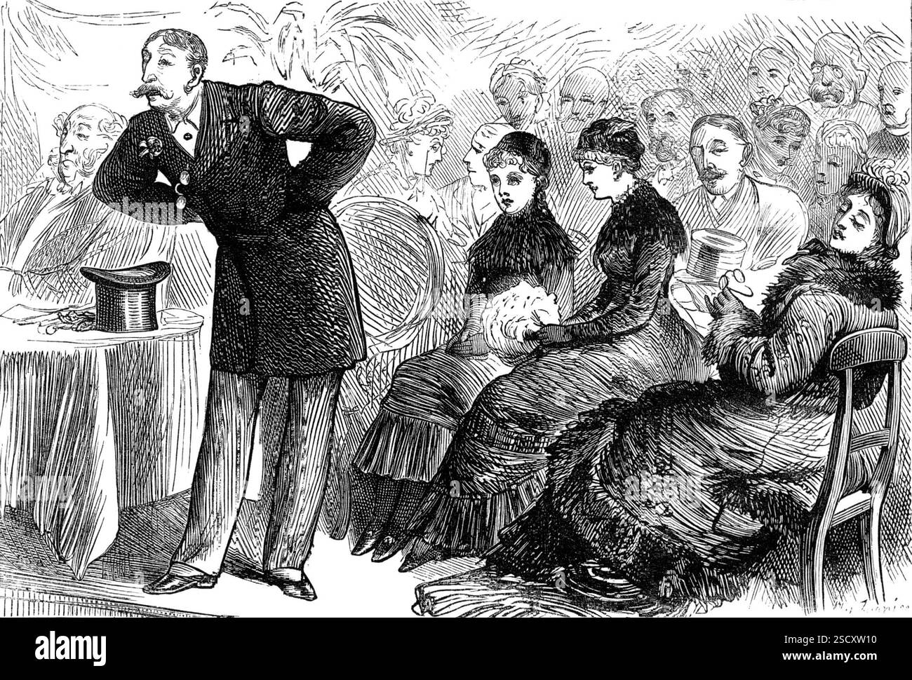Bozzetti elettorali: Influenza della famiglia, 1880. "...quel giovane alla moda, forse un guardiano ed erede di una parìa o di un baronetto, che si affida saldamente all'"influenza familiare" e a una grande proprietà territoriale, mentre si alza con facilità per fare il suo discorso appropriato, avendo le sue sorelle e cugini e gli alleati ereditari della sua razza, seduti in graziosa compiacenza alle sue spalle! Il dono del discorso d'argento è più facilmente concesso a colui che è nato con un cucchiaio d'argento in bocca...". Da "Illustrated London News", 1880. Foto Stock