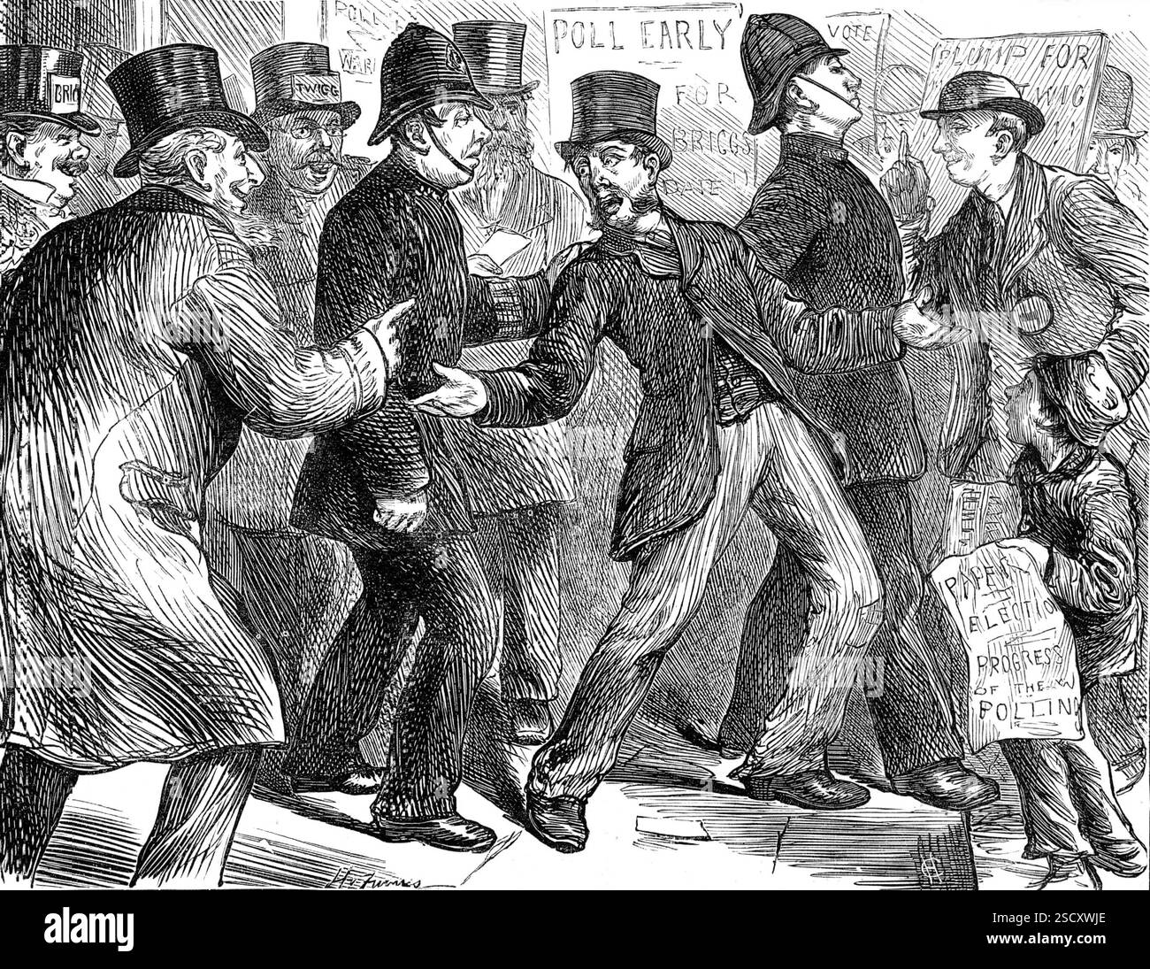 Bozzetti elettorali: Il destino di un personaggio, 1880. 'Il vecchio crimine di "personation", tuttavia, con la frode di venire a rivendicare il franchising registrato di un altro uomo, è ancora possibile. E' stato reso un reato, punibile con ben due anni di reclusione e duro lavoro sul tapis roulant. Quindi base un atto merita, in effetti, una pena considerevole; e "il destino di un personaggio", condotto dalla polizia a durance vile, come appare in uno degli schizzi dei nostri artisti, non susciterà molta compassione". Da "Illustrated London News", 1880. Foto Stock