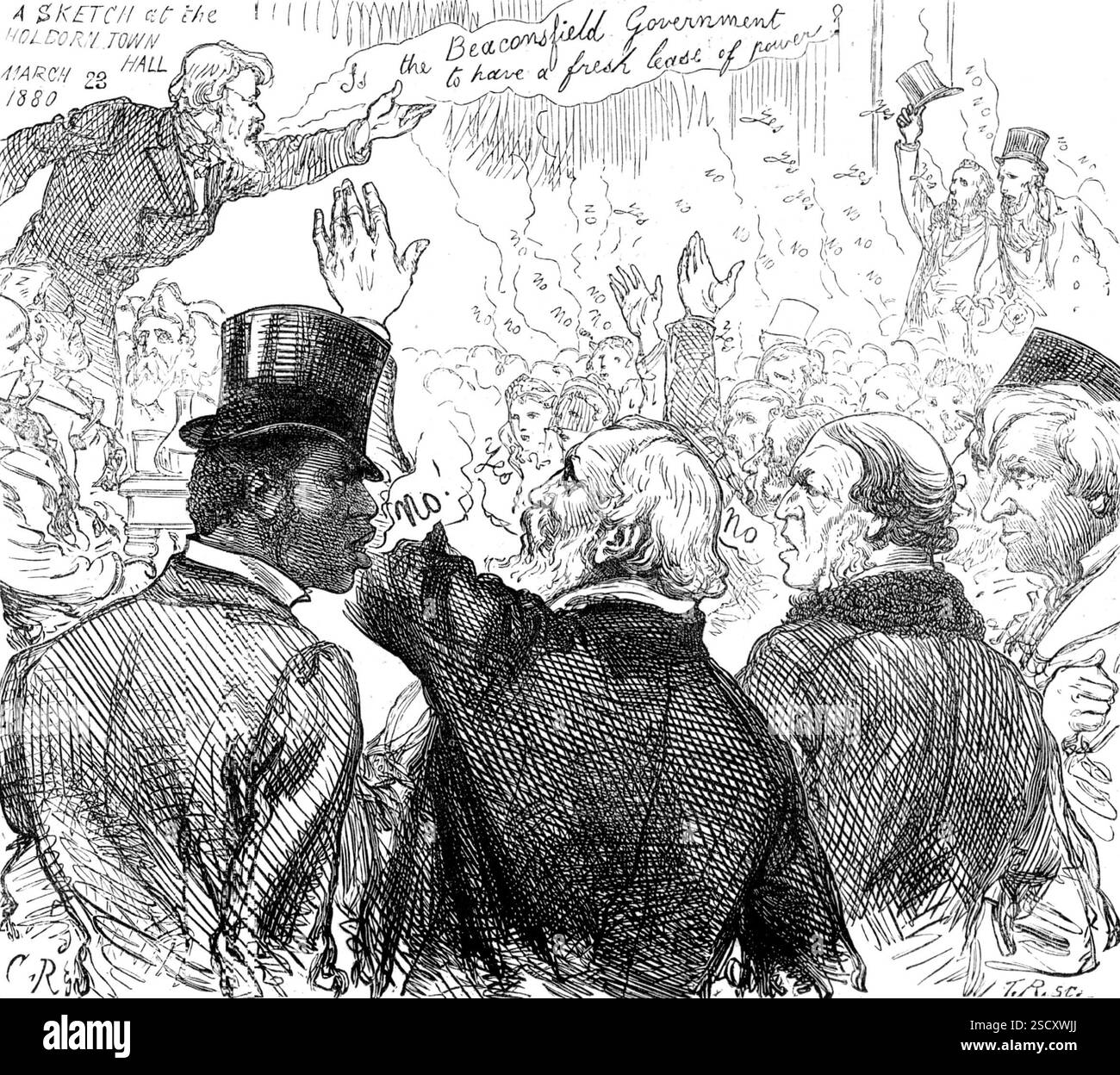 Elezioni generali: Alla Holborn Townhall, 1880. "Per quanto riguarda le riunioni popolari e i discorsi di piattaforma, per discutere o esporre le opinioni di qualsiasi partito politico, il loro effetto è generalmente sano nel risvegliare lo spirito e l'intelligenza delle menti meno ponderate, e nel provocare un desiderio di informazioni reali. Ma c'è la tendenza ad essere una grottesca comicalità in alcuni aspetti di queste assemblee, nonostante la serietà con cui gli oratori benintenzionati si dedicano energicamente al compito di persuasione, di fronte a una moltitudine mista, parte della quale può essere stupidamente disattenta Foto Stock