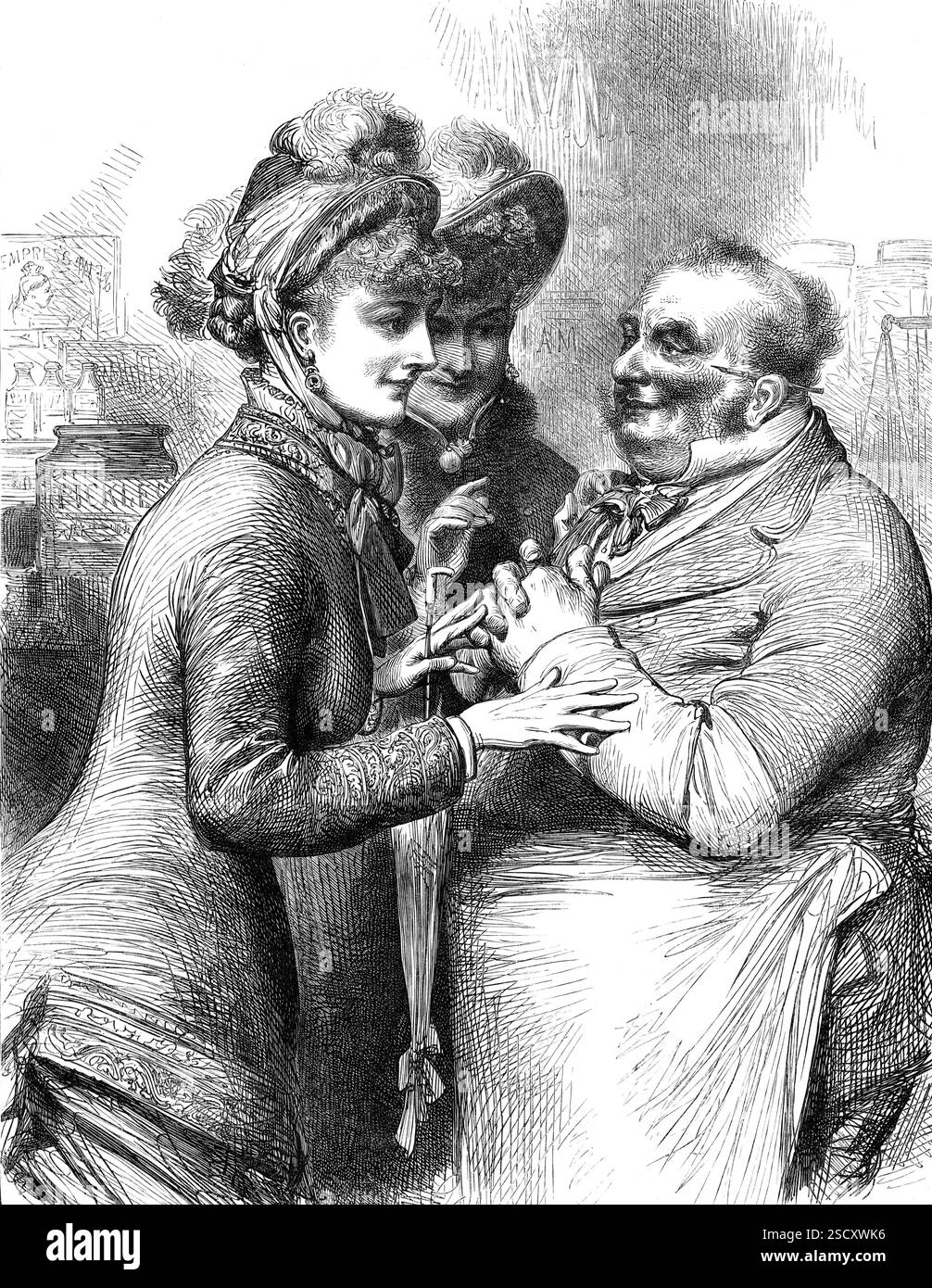 Elezioni generali: Canvassing, 1880. "Le signore, da parte loro, chiunque sia il loro candidato preferito, hanno molto spesso dimostrato il loro talento superiore per il lavoro di vagliare voti. La nostra prima pagina incisione, sarà osservata, illustra un incidente di questo tipo con un certo grado di piacevolezza. Il buon negoziante, un droghiere o un magazzino italiano, cederà alle suppliche dei suoi visitatori, come già vediamo. Sa che, almeno, non porteranno la loro usanza nei negozi cooperativi. Da "Illustrated London News", 1880. Foto Stock