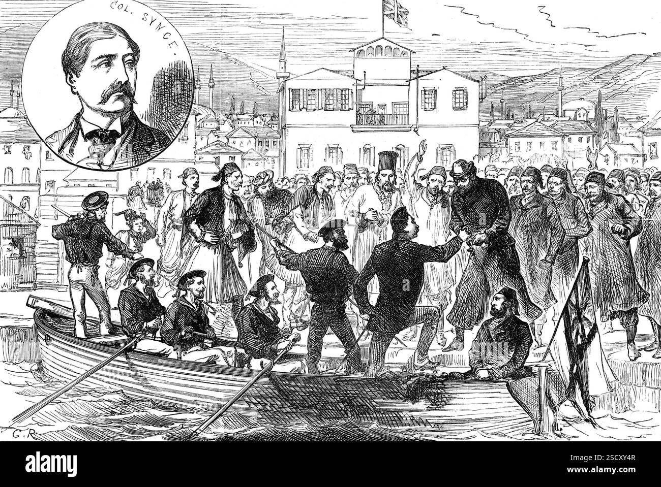 Arrivo del colonnello Synge a Salonica dopo il suo rilascio da parte dei briganti, 1880. "L'inglese prigioniero in Turchia... il tenente colonnello Synge e sua moglie furono portati via dai briganti, e il colonnello [fu] trattenuto fino al pagamento del grande riscatto richiesto... il suo rilascio... fu effettuato da negoziati attraverso il signor Blunt, il console generale britannico in Turchia... durante tutto il tempo fu tenuto dai briganti in una caverna sorvegliata da cinque uomini. Ha dovuto sopportare un trattamento indifferente, ma non ha avuto maltrattamenti. Una volta, tuttavia, i briganti minacciarono di arrostirlo vivo. Questo perché un'altra B. Foto Stock