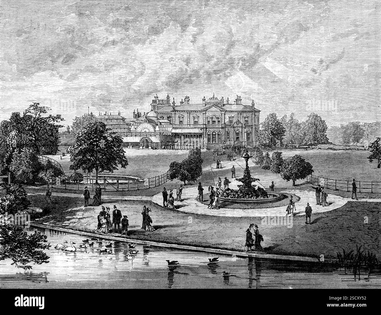 Manley Hall, il nuovo parco pubblico di Manchester, 1880. 'A tre miglia a sud dal centro di Smoky Manchester, nelle vicinanze suburbane del "Brooks's Bar"...si trovano questi splendidi giardini ornamentali e palazzi, che si propone di dedicare al divertimento pubblico. Il progetto è stato originato alcuni anni fa dal signor Ellis Lever... un monumento... ha chiesto alla Manchester Corporation di intraprendere l'acquisto, che probabilmente sarà completato in modo soddisfacente, allo scopo salutare di offrire mezzi di svago popolare...Manley Hall ha giardini deliziosi, disposti con gusto ammirevole Foto Stock