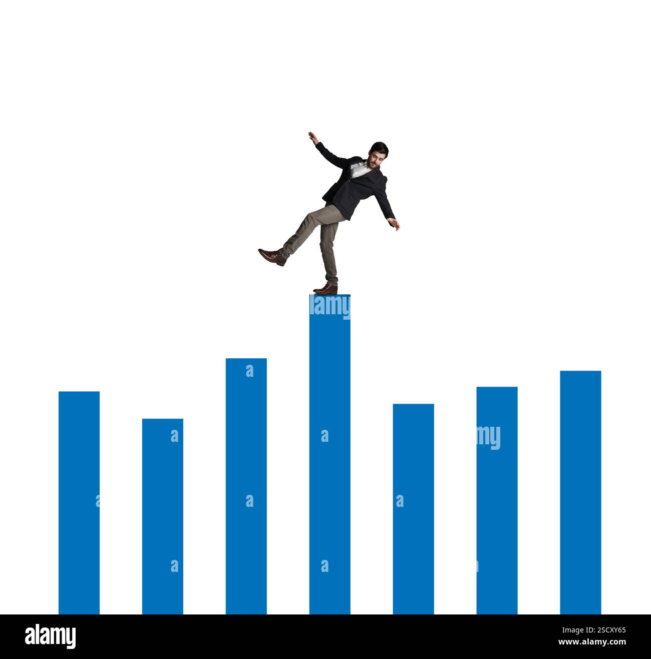 Mercato azionario, oscillazione e equilibrio uomo su grafico per fluttuazioni degli investimenti, variazioni dei tassi di interesse o recessione. Crisi finanziaria, mockup o trader on Foto Stock