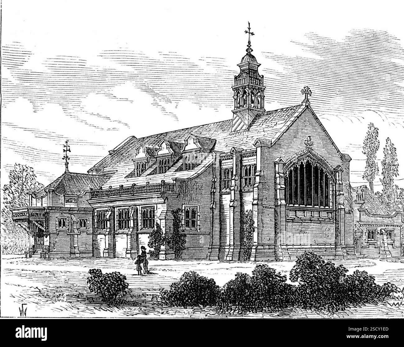 Church of St. Michael and All Angels, Bedford Park, Chiswick, [West London], 1880. Il vescovo di Londra ha consacrato la nuova Chiesa di San Michele e tutti gli Angeli, costruita nella tenuta di Bedford, Chiswick, vicino alla stazione ferroviaria di Turnham-green. Il quartiere che servirà il nuovo edificio è in rapida crescita nelle case e nella popolazione. L'edificio e' costruito in mattoni rossi, in vecchio stile gotico, con quelle che sono chiamate aggiunte "Queen Anne". Dopo la cerimonia di consacrazione ci fu un'offerta per il fondo dell'edificio, &#xa3;1000 rimanenti dovuto per &#xa3;6000 che era Foto Stock