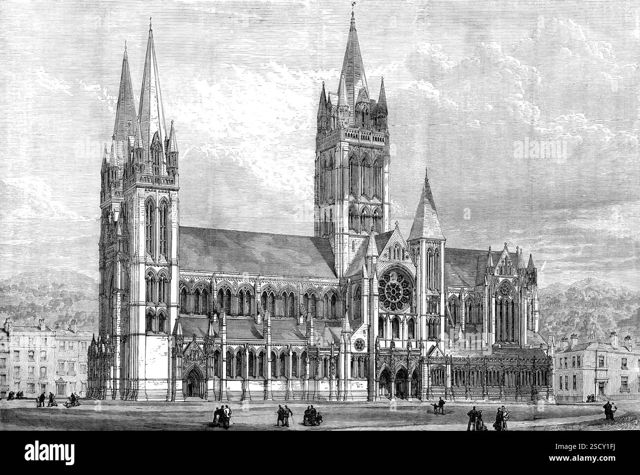 La nuova Cattedrale di Truro: (Disegno copyright del disegno dell'architetto), 1880. Il signor John L. Pearson, il noto architetto ecclesiastico, fu scelto come architetto, e i suoi progetti furono adottati... crediamo che questo sia il primo edificio inglese del tipo che è stato iniziato da alcuni secoli prima della riforma. Il nuovo edificio sarà di stile inglese primitivo, con caratteristiche della prima parte del XIII secolo. Sarà composto da coro, navata, transetti nord e sud e cripta. Verrà aderita la disposizione essenzialmente inglese di una torre centrale e due torri occidentali Foto Stock