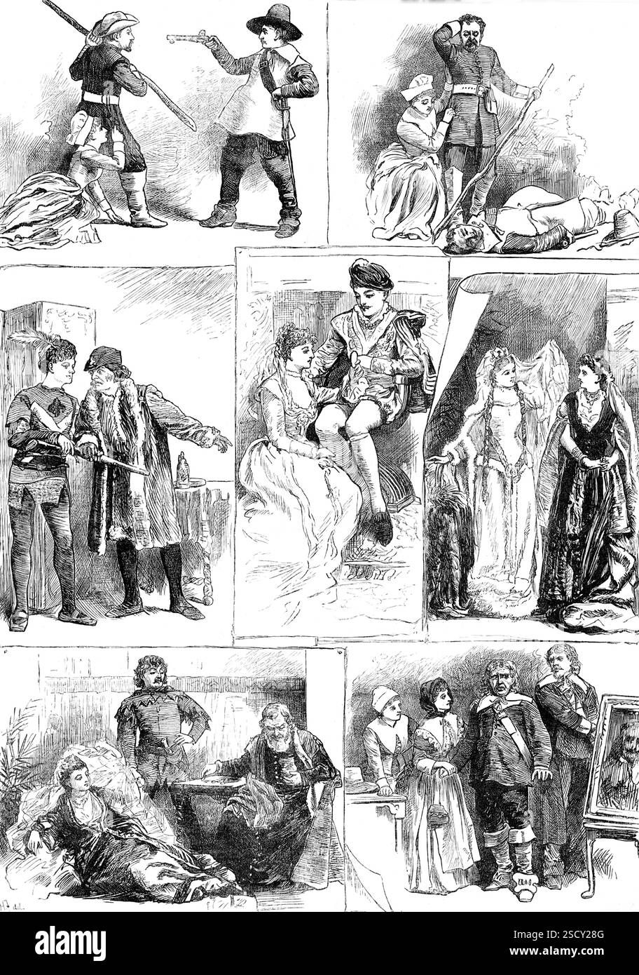 Tableaux Vivants, dai romanzi di Sir Walter Scott, a Cromwell House, South Kensington, 1880. « 1. Woodstock, amico, xxxiv. 2. Woodstock, Cap. xxiv. 3. Quentin Durward, Cap. X 4. Kenilworth, Cap. vii. 5. Ivanhoe, Cap. Xliv. C. Ivanhoe, Cap. xi. 7. Woodstock, cap. viii. Tratto da fotografie scattate dalla luce del signor Van der Weyde durante le rappresentazioni... ha avuto luogo una serie di intrattenimenti molto attraenti, organizzati da alcuni dei più eminenti artisti del giorno, ed eseguiti da signore e signori della posizione sociale, a beneficio di fondi di beneficenza... le foto sono state viste sommariamente Foto Stock