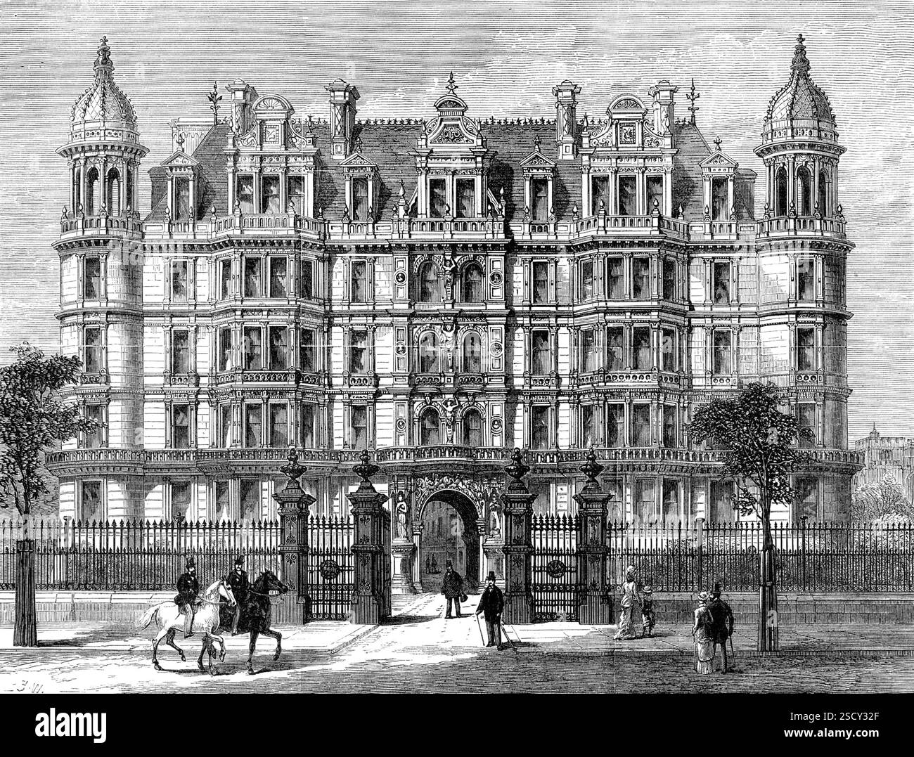 New Buildings, Temple Gardens, [Londra], 1880. "La facciata sontuosa e ben decorata di questi edifici è una delle più recenti aggiunte architettoniche al Tamigi Embankment... gli appartamenti interni sono completamente occupati come camere degli avvocati, a cui si può accedere da Temple Bar attraverso Middle Temple-Lane; mentre il passaggio ad arco al centro dei nuovi edifici forma una comunicazione dal fondo di quella corsia... il defunto signor Edward M. Barry, R.A., è stato consultato dai Bencher dell'Inner Temple in questa materia, e il signor J. P. St. Aubyn è architetto del Mid Foto Stock