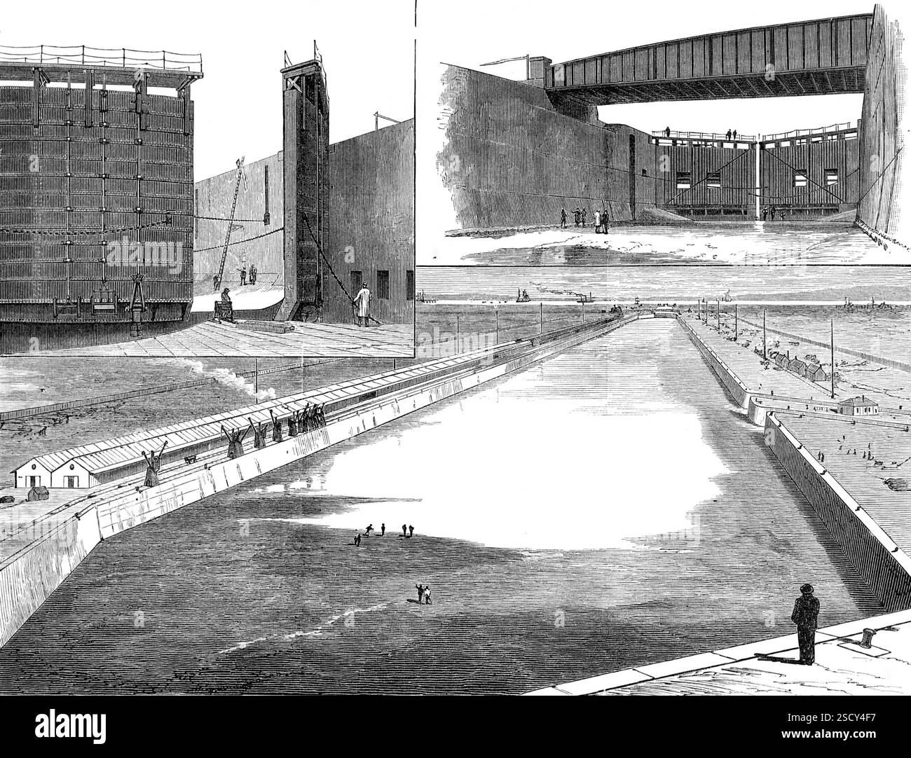 Royal Victoria and Albert Docks, North Woolwich, [sud-est di Londra], 1880. « 1. Cancelli di blocco ingresso; 2. Passaggio Manor Way, che mostra il ponte oscillante; 3. Vista generale del New Royal Albert Dock...questi moli, che si estendono attraverso il livello Plaistow, tre miglia sotto l'ingresso dei moli dell'India orientale a Blackwall, con la loro entrata orientale quasi di fronte ai Artillery Practice Butts, che sono adiacenti al Woolwich Arsenal, sono stati costruiti dalla London and St. Katharine's Docks Company... i moli sono illuminati di notte dalla luce elettrica di Siemens. Il contratto per questo vasto lavoro ha b Foto Stock