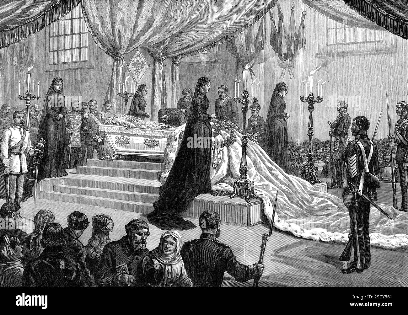 Funerale dell'imperatrice di Russia a San Pietroburgo: La sdraiata nello stato nella cattedrale di San Pietro e San Paolo, 1880. "Le cerimonie che assistono ai funerali della defunta imperatrice a San Pietroburgo, il 7, 8 e 9 giugno, sono oggetto di [nostre] illustrazioni, da bozzetti forniti da un corrispondente in quella città. A mezzogiorno di lunedì 7, il corpo fu rimosso dal Palazzo d'Inverno, dove morì, alla fortezza di San Pietro e San Paolo, in cui si trova una chiesa cattedrale dedicata a quei santi...il giorno dopo il pubblico fu ammesso, al mattino con biglietto, la sera abbastanza f Foto Stock