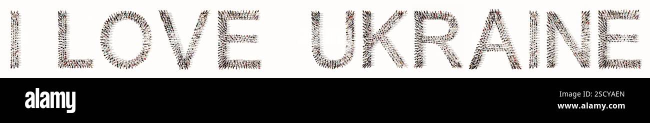 Concetto o concettuale grande comunità di persone che formano i LOVE UKRAINE Message. metafora dell'illustrazione 3d per patriottismo, paese, cultura, storia Foto Stock
