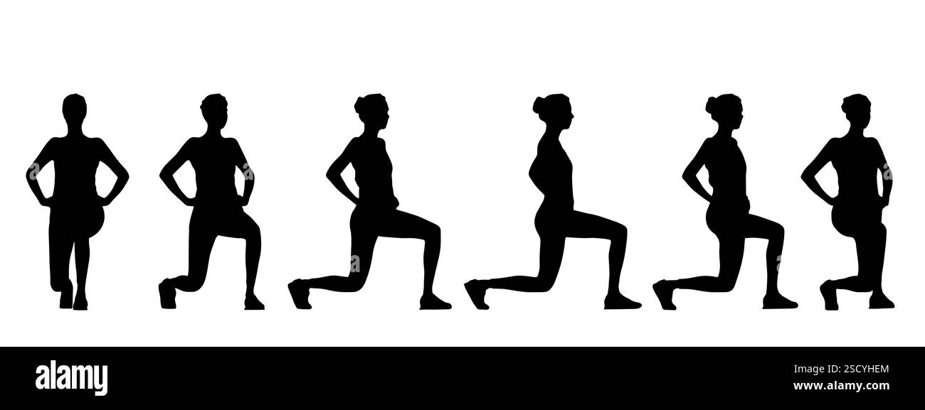 Concept vettoriale silhouette nera concettuale di una donna che fa esercizi di fitness da diverse prospettive isolata su sfondo bianco. Una metafora Illustrazione Vettoriale