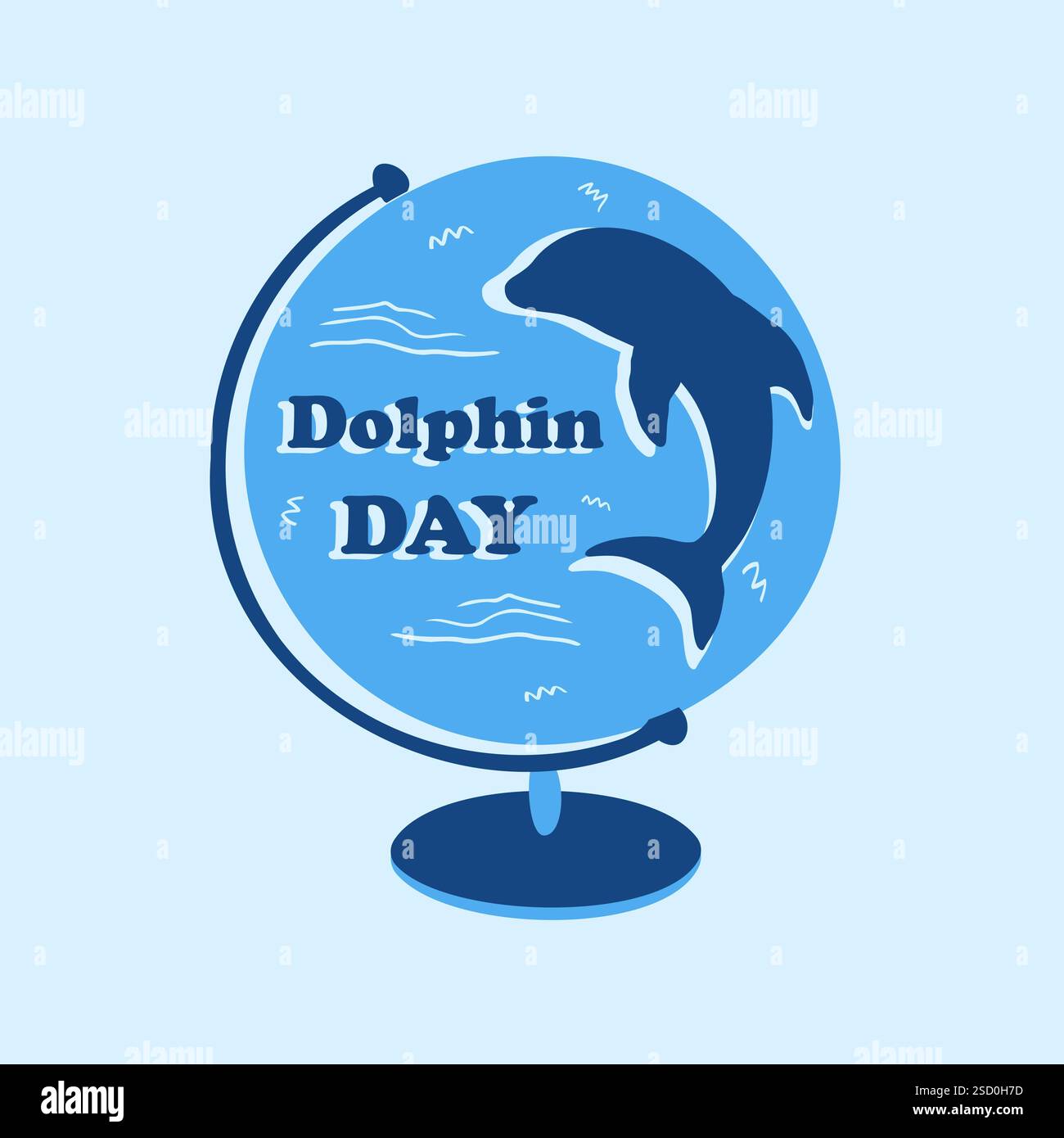 Un modello per il mese della consapevolezza dei delfini. Illustrazione vettoriale di un globo e silhouette di un delfino blu, concetto di salvataggio di mammiferi marini. Un luogo per il testo, un'icona piatta. Illustrazione Vettoriale