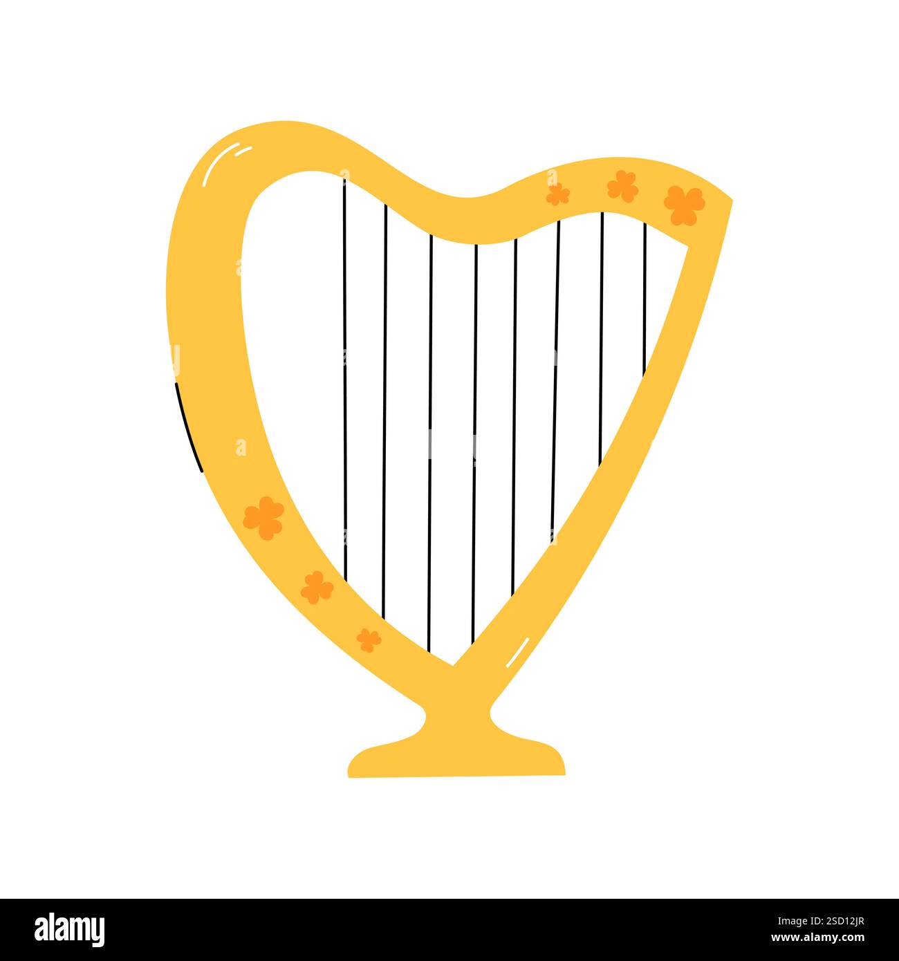 Illustrazione del vettore isolato HARP. Simbolo del giorno di San Patrizio. Arpa irlandese d'oro con ornamento shamrock. 17 marzo elemento di design, oggetto isolato Illustrazione Vettoriale