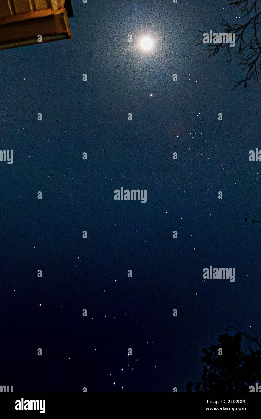 2025 costellazione Luna-Giove e Orione e Pleiadi Foto Stock