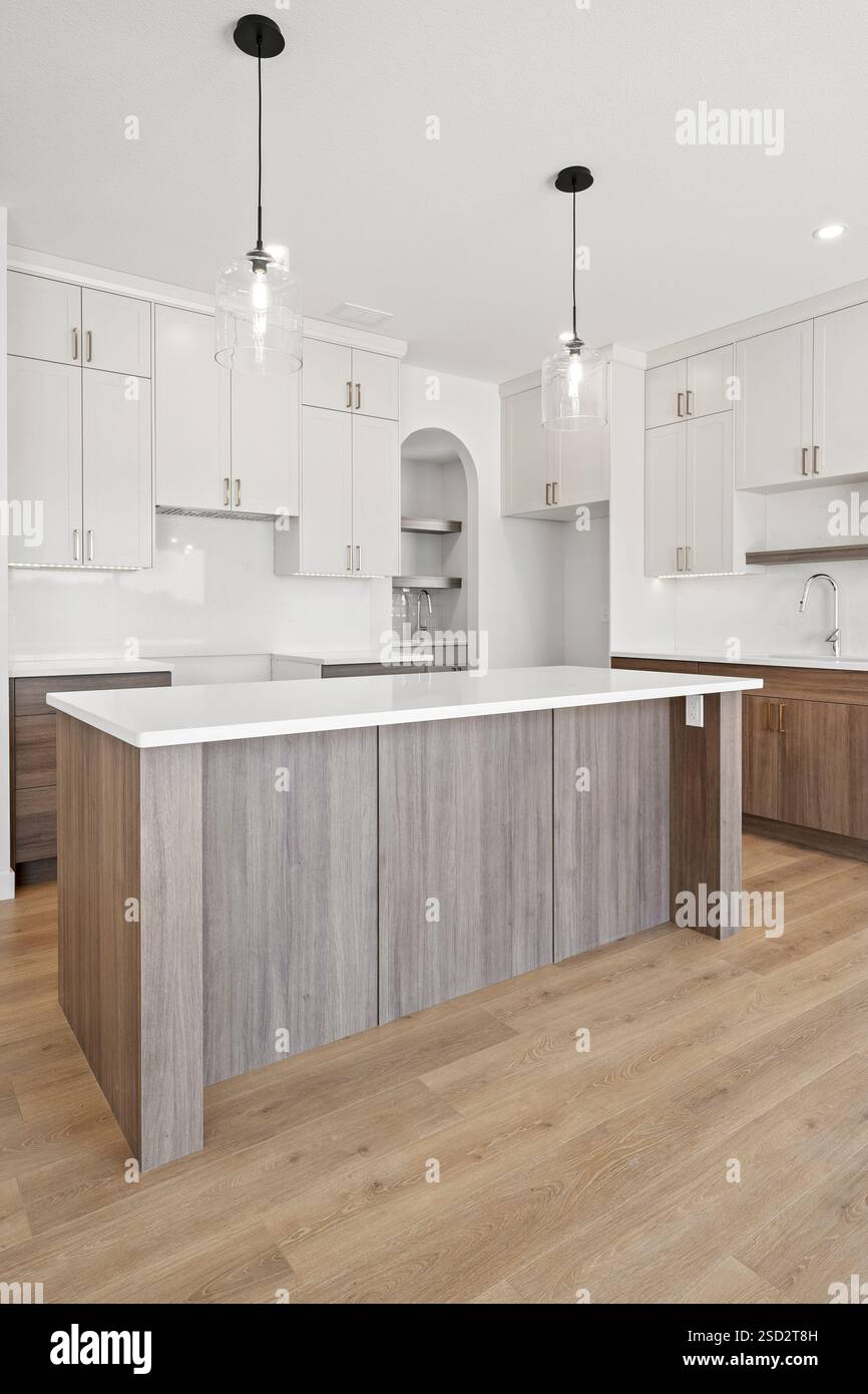 Cucina con un'isola bianca e armadi in legno. L'isola ha un piano in vetro ed è circondata da armadi Foto Stock