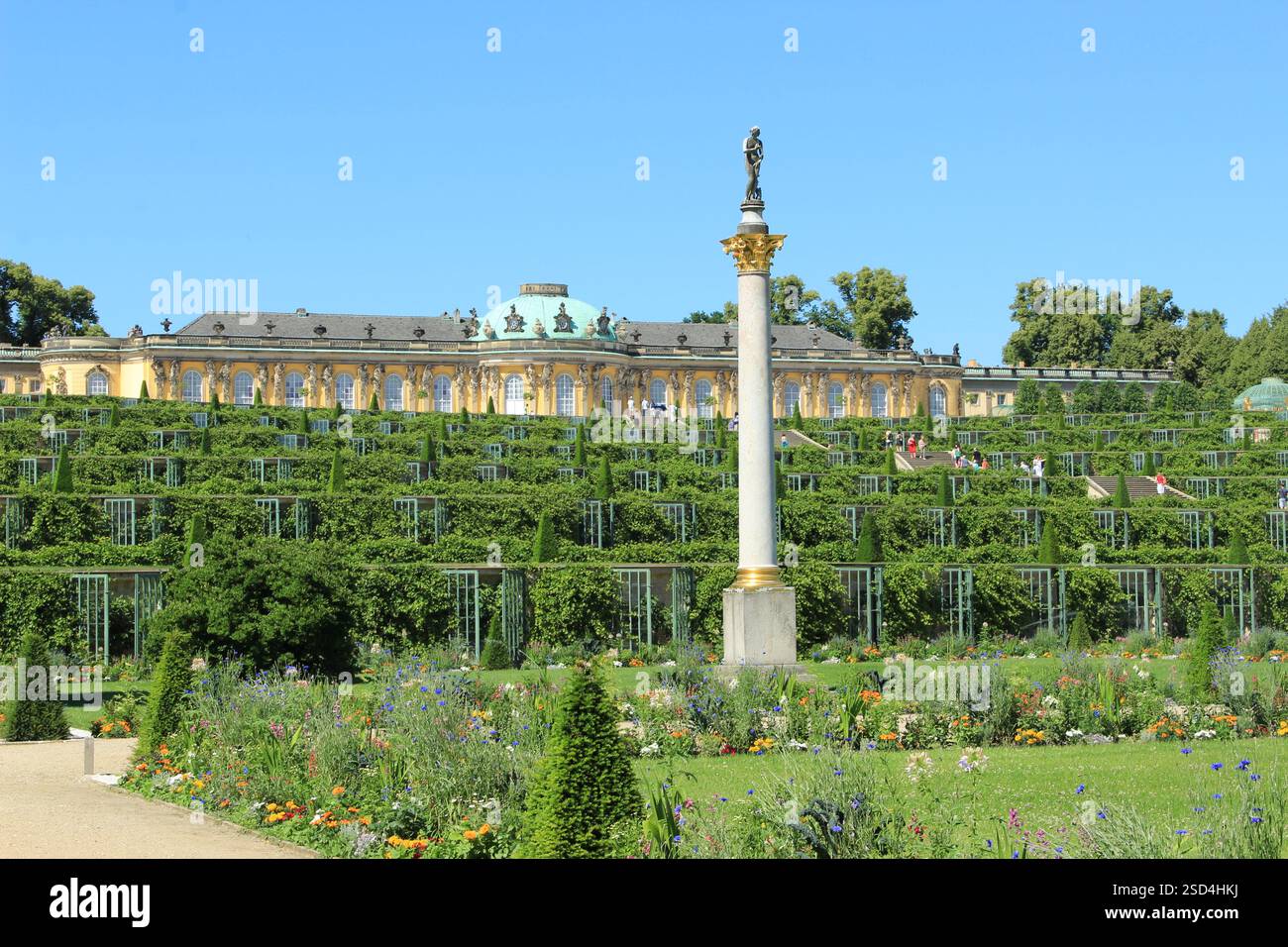 Potsdam, Germania - 2 luglio 2015: Palazzo Sanssouci con terrazze di vigneti e colonna decorativa a Potsdam in una giornata estiva brillante Foto Stock
