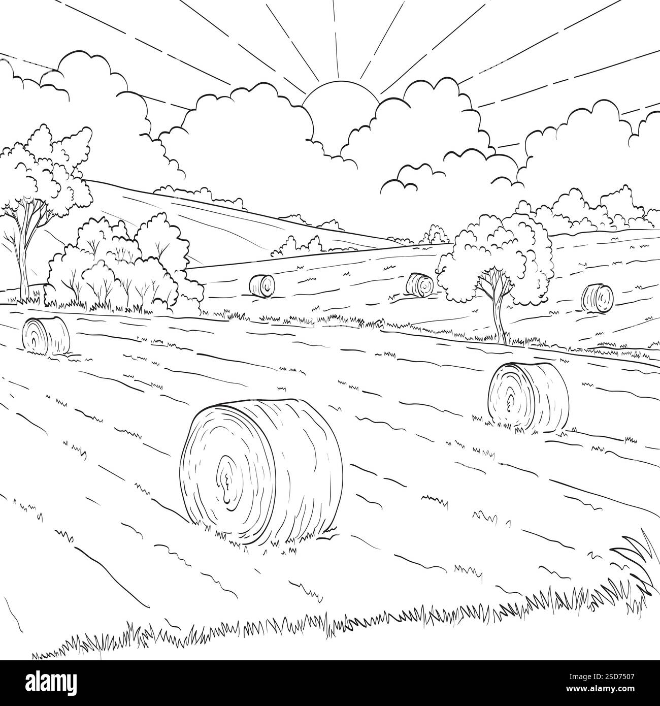Disegno illustrazione in stile schizzo di un campo di fieno, un campo di fieno o una fattoria con balle di fieno e sole con sfondo nuvoloso realizzato con disegni in linea in bianco e nero. Illustrazione Vettoriale