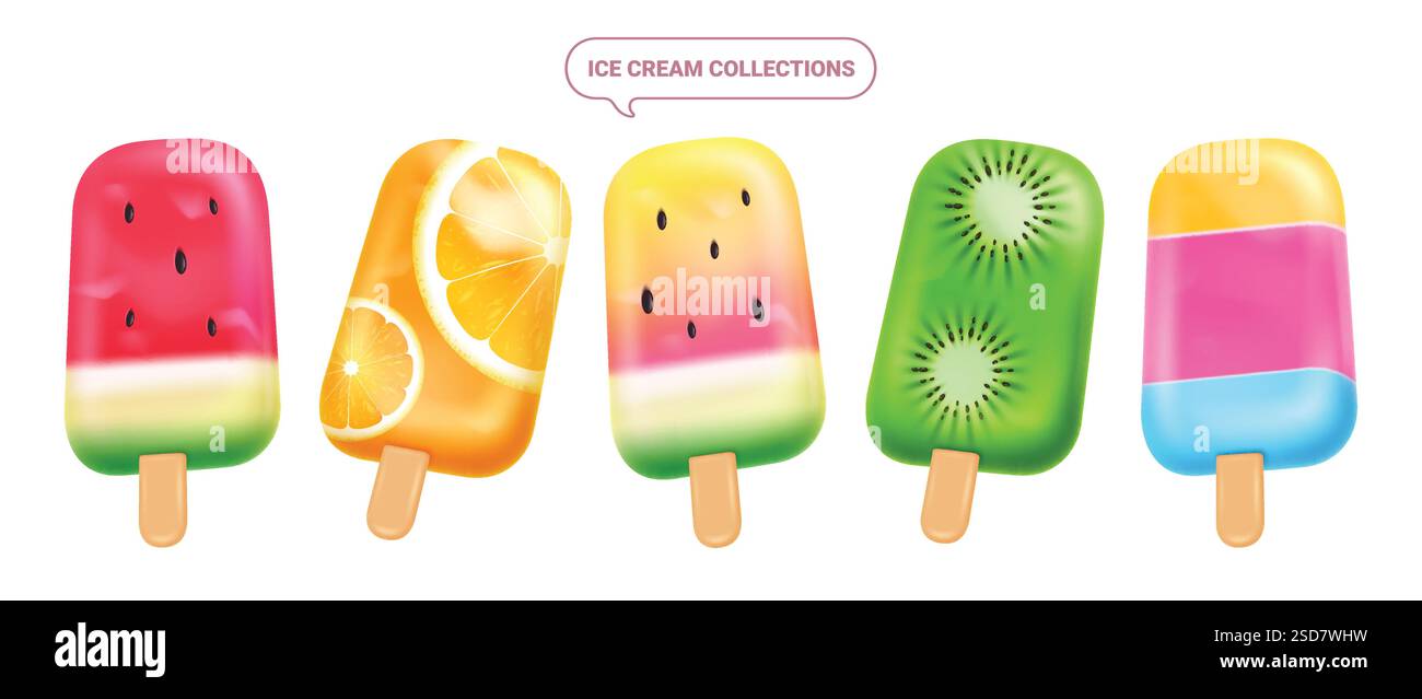 Set clip art icona gelato. Popsicle con sapore di frutta tropicale come anguria, arancia e kiwi clip art vettoriale estivo per la raccolta di dessert freddi Illustrazione Vettoriale