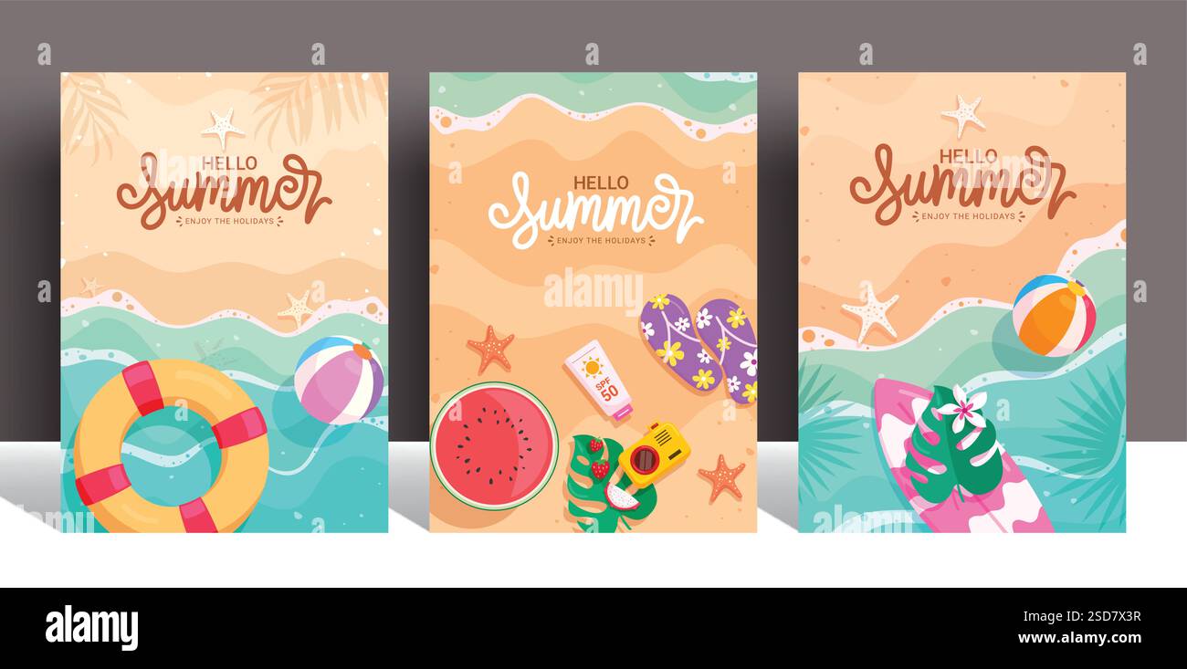 Set di poster clipart di benvenuto per l'estate. Testo estivo con elementi tropicali clip art Collection in colorato sfondo astratto da spiaggia per le vacanze Illustrazione Vettoriale