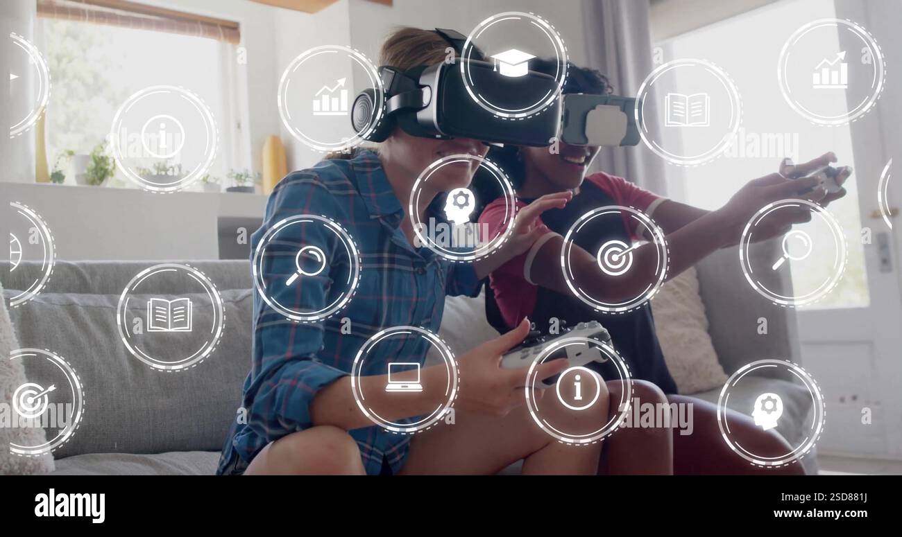 Giocare a giochi di immagini con visore VR, le icone educative si sovrappongono alla scena Foto Stock