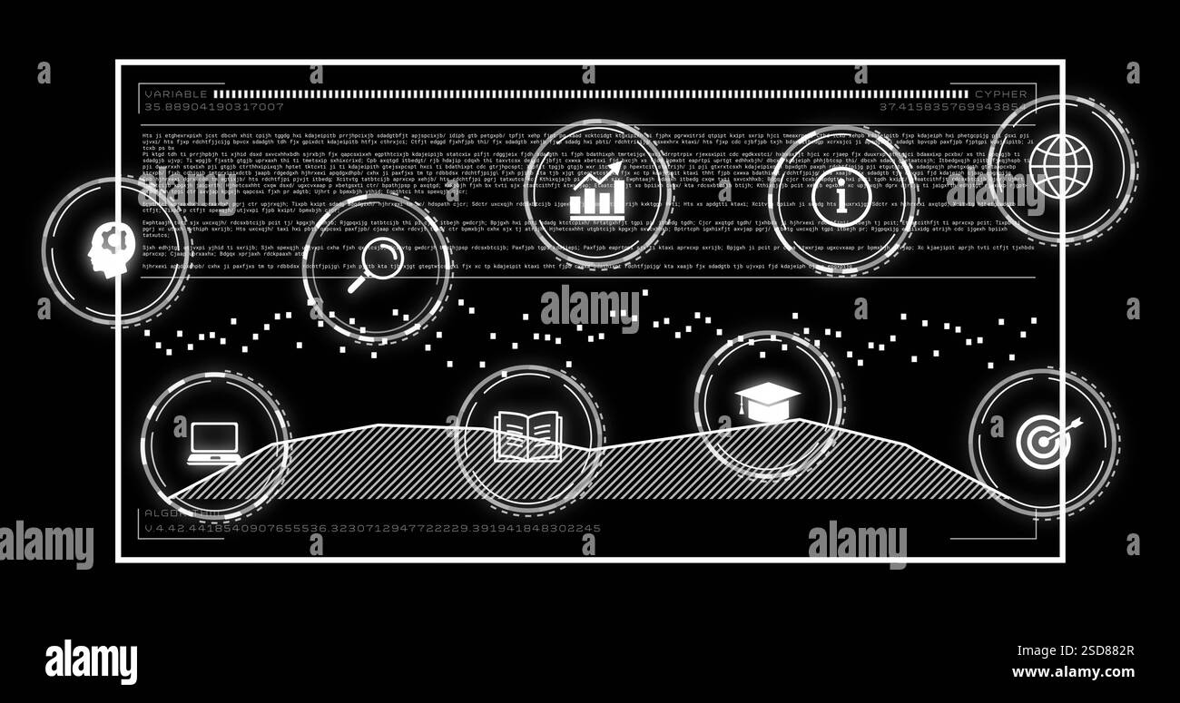 Elaborazione dei dati e immagine di analisi su varie icone e testo su sfondo nero Foto Stock