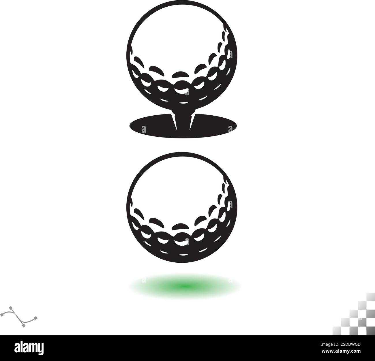Un'elegante icona vettoriale con una pallina da golf moderna ed elegante su una maglietta e un'altra che si libra sull'erba, a simboleggiare la precisione e lo stile. Illustrazione Vettoriale